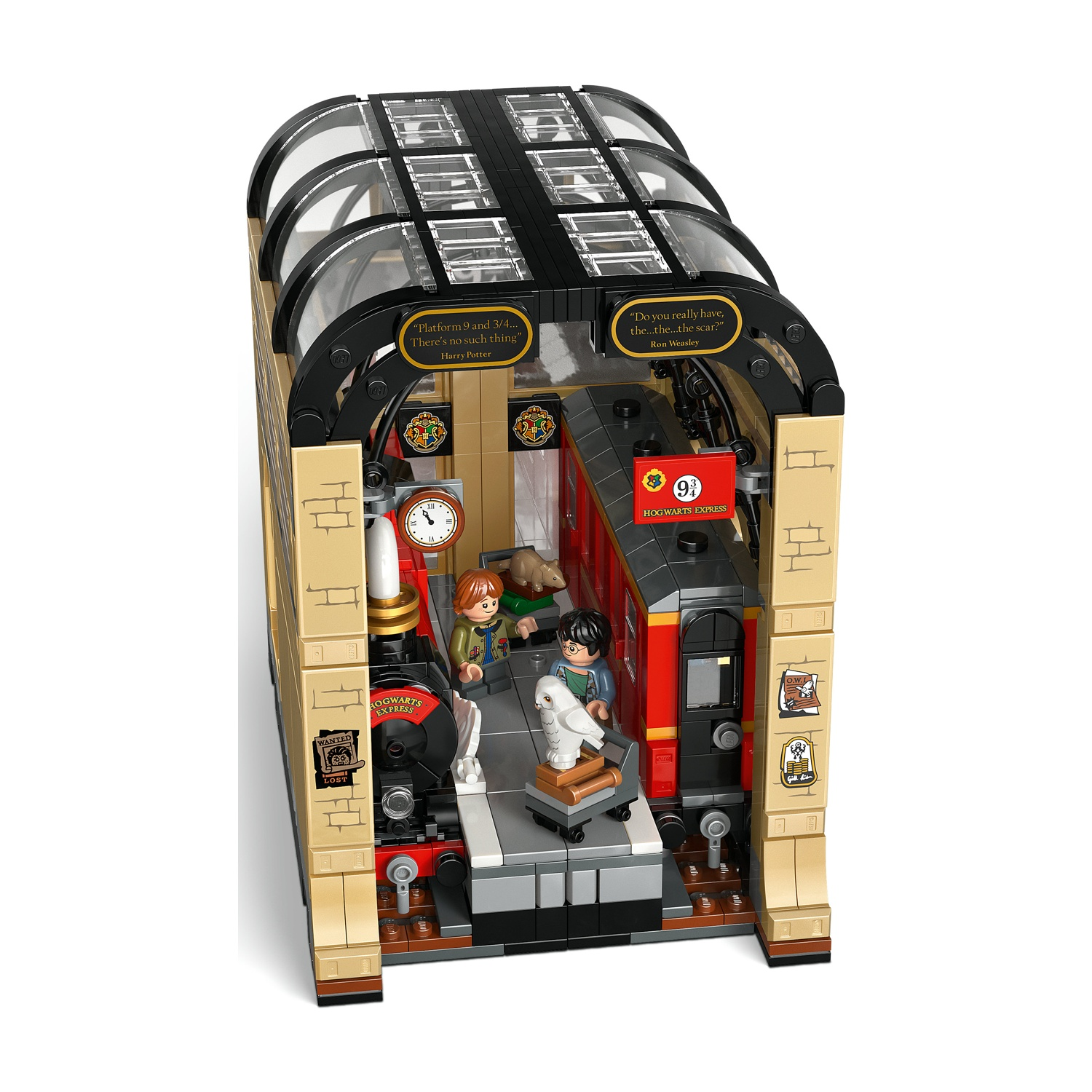 Set Lego di Piattaforma 9 3/4 con personaggi di Harry Potter, treno e accessori. Include citazioni e cartelli.