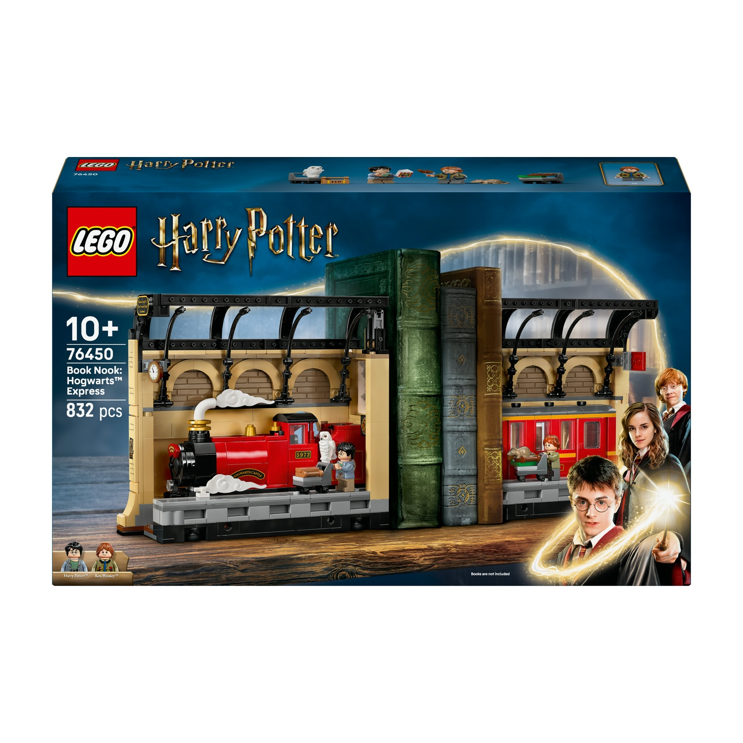 Set Lego Harry Potter. Presenta un treno rosso, una stazione, libri e personaggi Harry, Ron e Hermione. Immagine scatola.