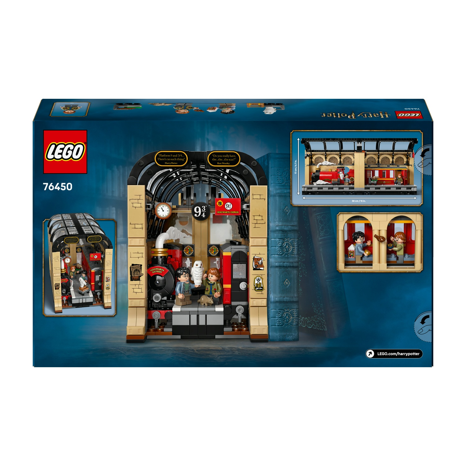 Scatola del set Lego. Mostra il binario 9 3/4, il treno, i personaggi di Harry Potter e l'Hogwarts Express. Include il logo Lego e il numero del set 76450.