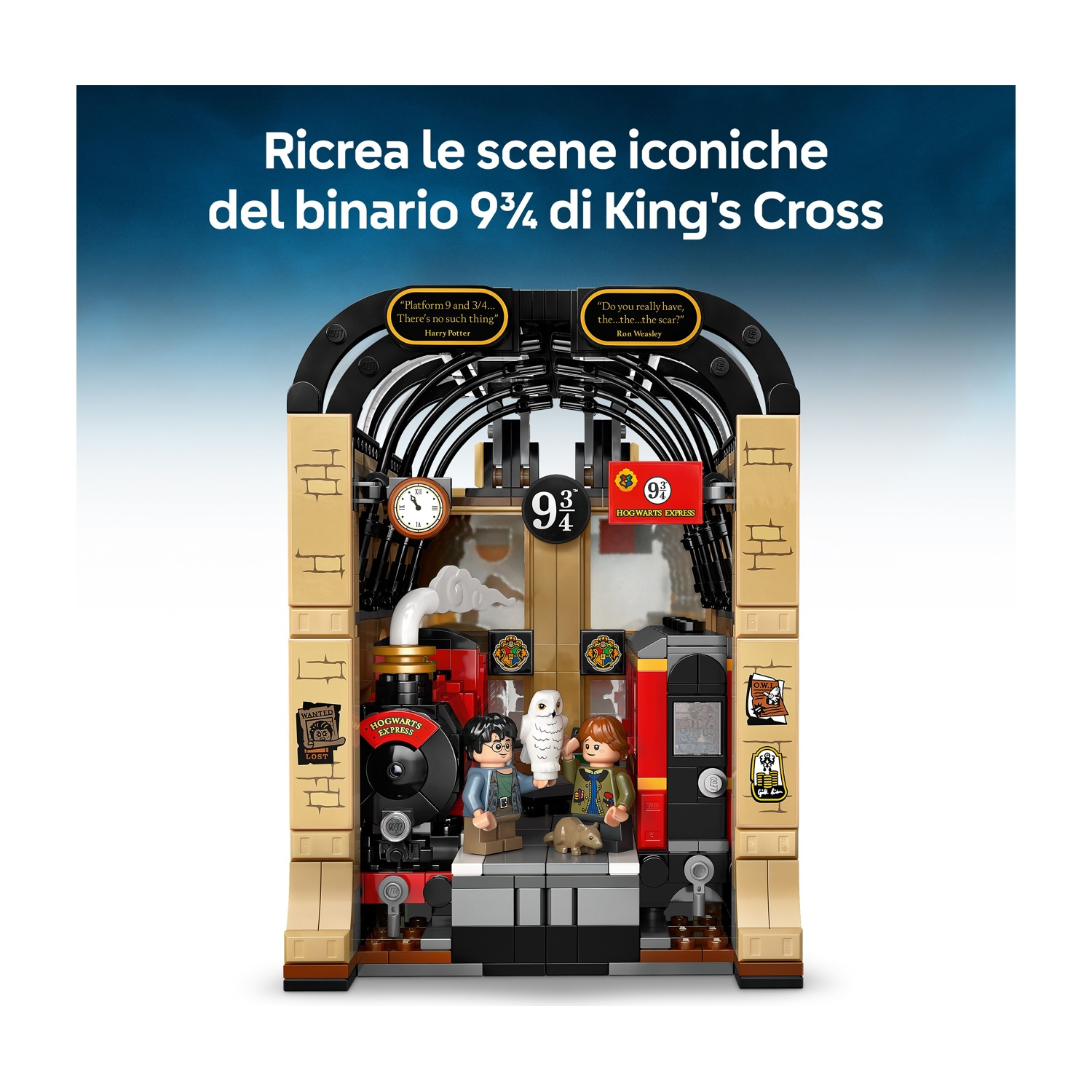 Set Lego della piattaforma 9 3/4 di King's Cross. Include treno, personaggi di Harry, Ron e un gufo. Testo in alto.