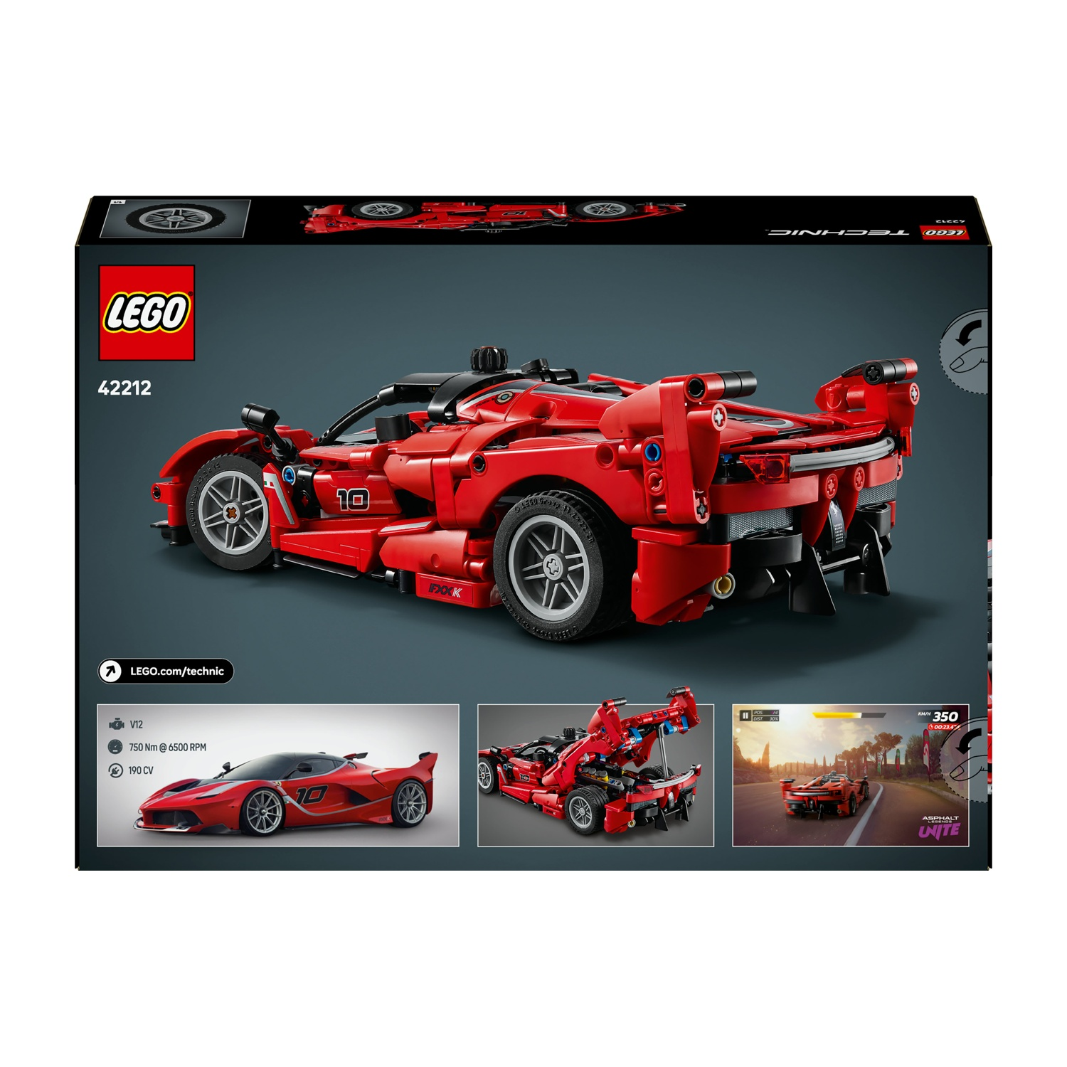 Una scatola Lego mostra un modello Ferrari rosso. Ha uno spoiler, tetto nero e ruote argentate. La scatola ha il logo Lego e i dettagli del prodotto.