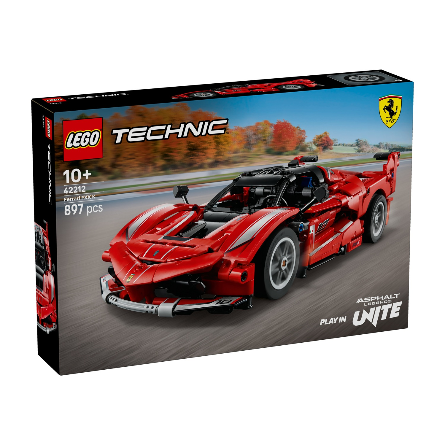 Una scatola Lego Technic mostra una Ferrari FXX K rossa. La scatola include i loghi Lego e Ferrari.