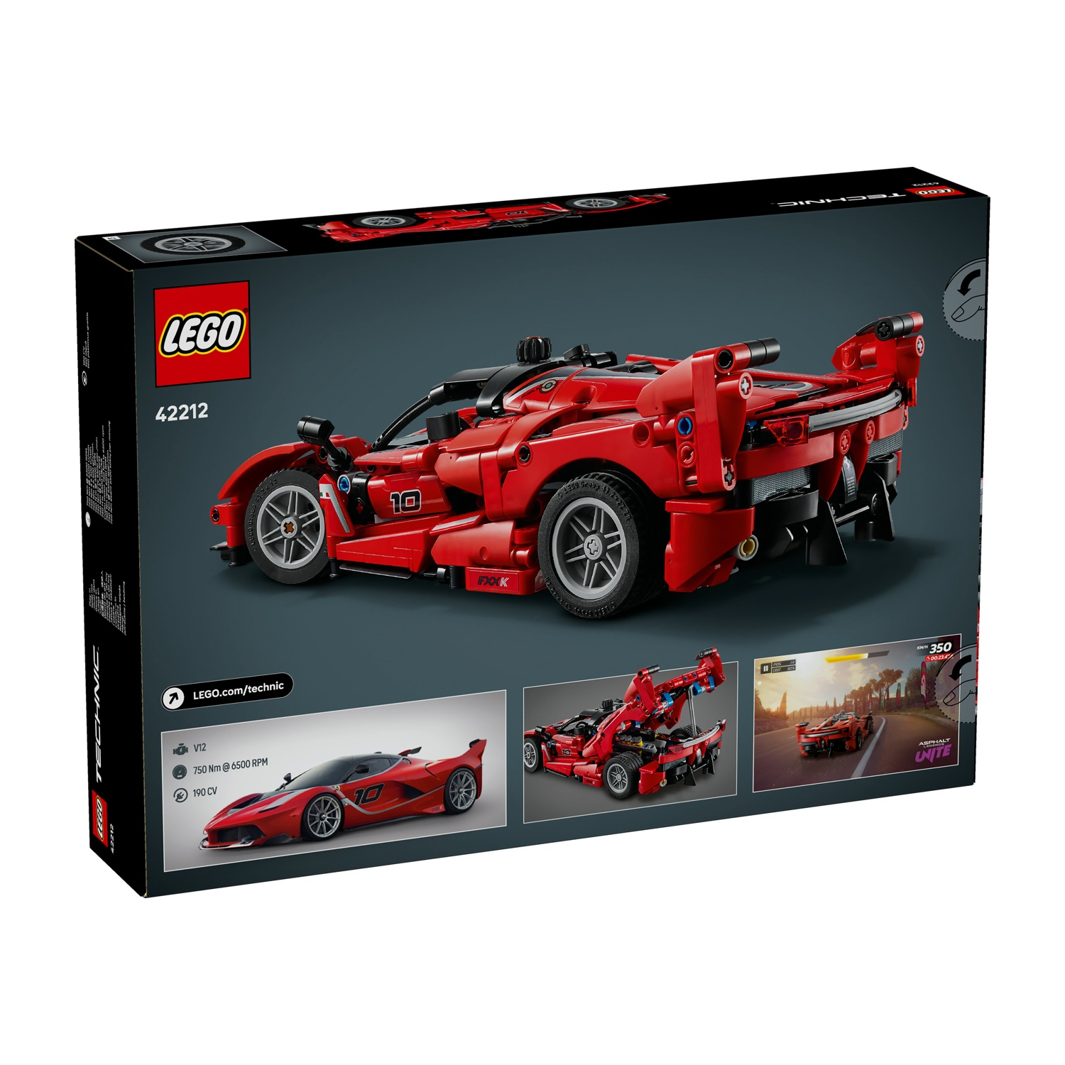 Una scatola Lego Technic mostra un modello di auto da corsa rossa. I dettagli includono il nome del modello, le specifiche del motore e le immagini dell'auto.