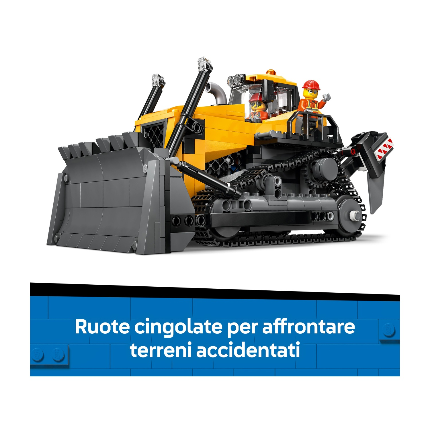 Un bulldozer Lego giallo e grigio con due minifigure, una che saluta. Il bulldozer ha cingoli e una grande lama.