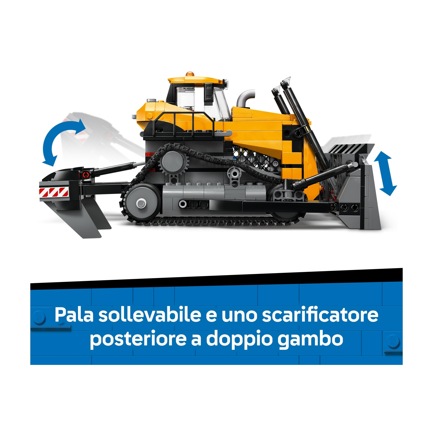 Un bulldozer giocattolo giallo e nero con cingoli. Le frecce indicano il movimento della lama anteriore e del ripper posteriore.