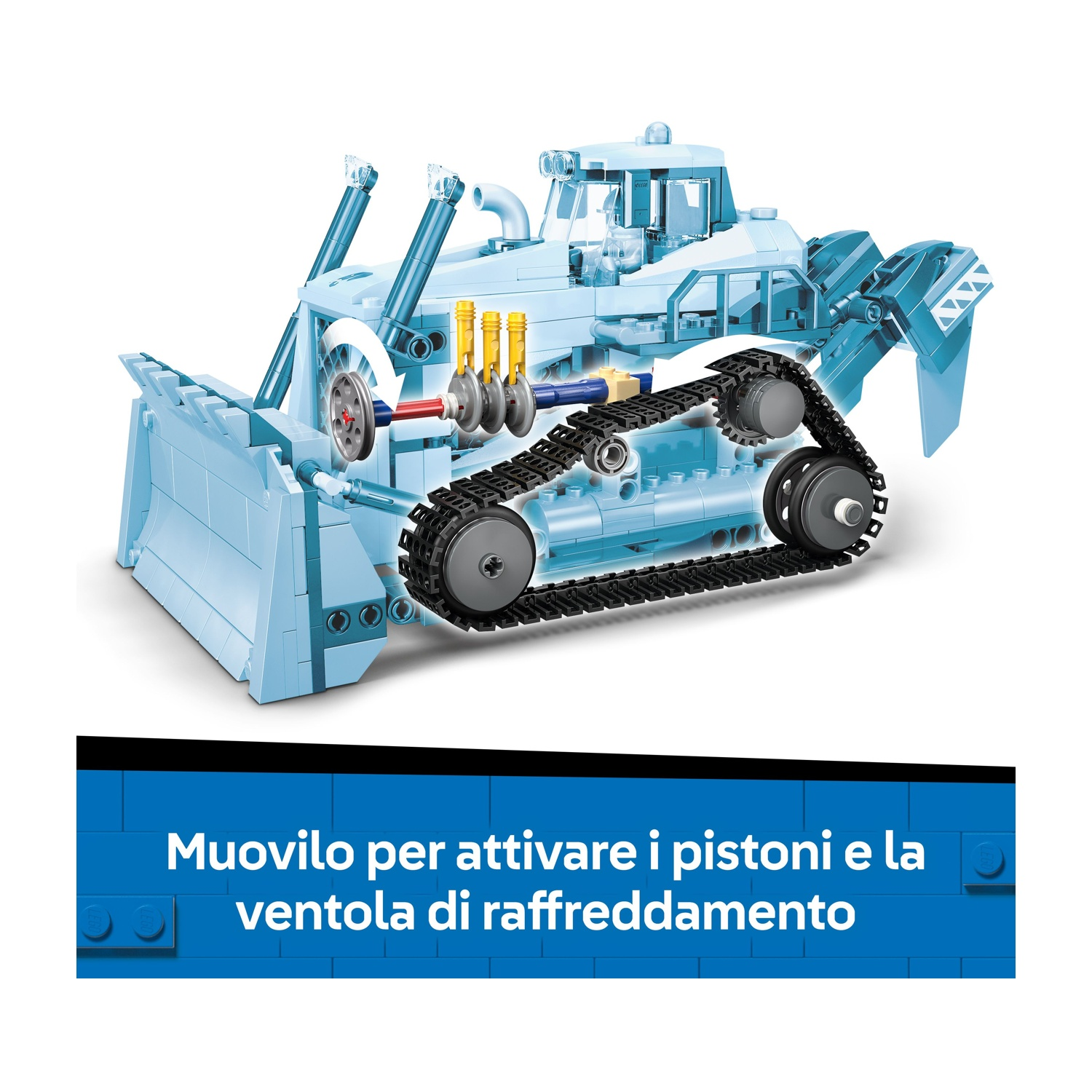 Un bulldozer giocattolo azzurro con cingoli neri e una lama. Il testo in basso dice: Muovere per attivare i pistoni e la ventola di raffreddamento.