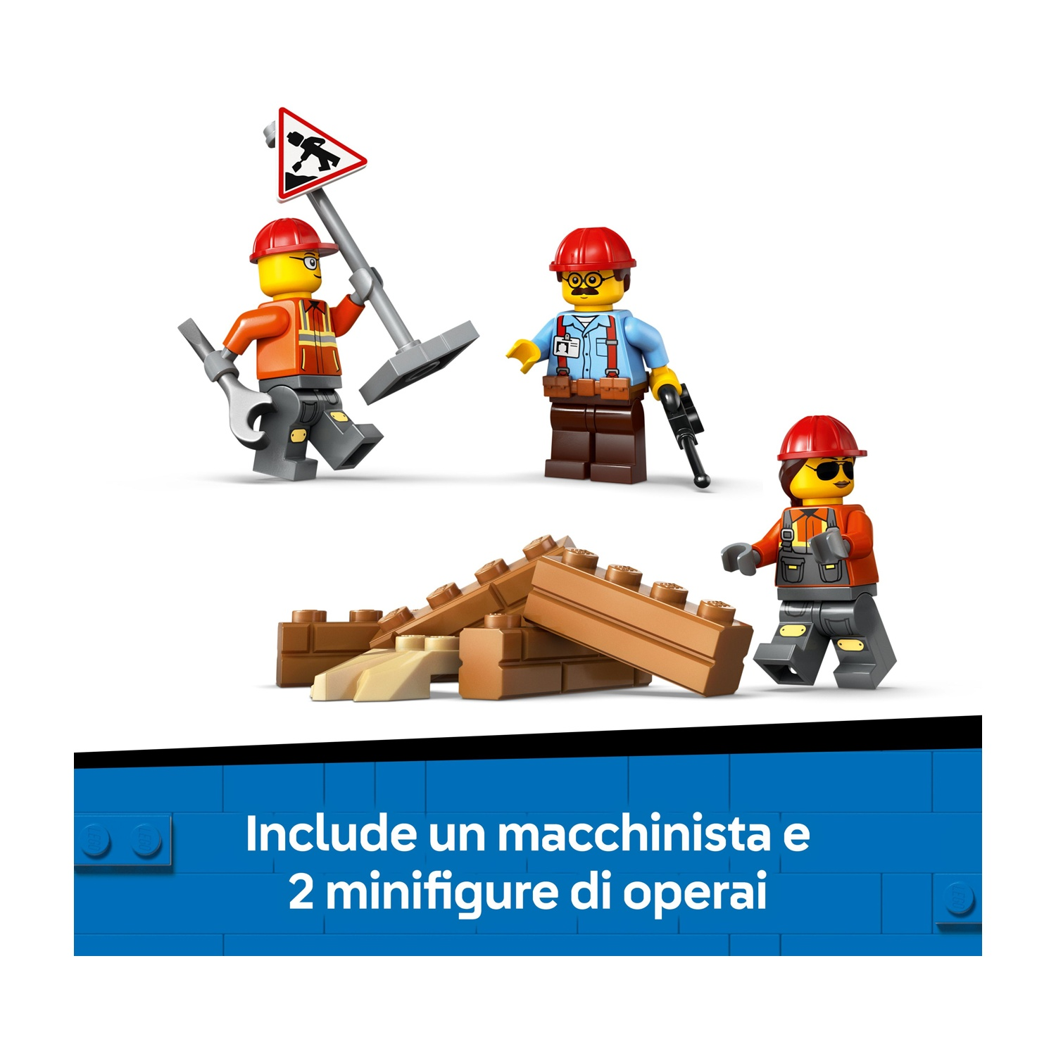 Scena di costruzione Lego. Tre figure di lavoratori, una con un cartello. I mattoni sono al centro. Lo sfondo è bianco.