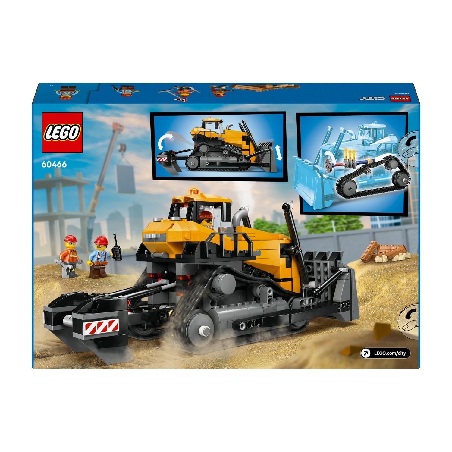 La confezione di Lego City mostra un bulldozer giallo, due minifigure e una gru illustrata. La confezione mostra anche altre immagini di bulldozer.