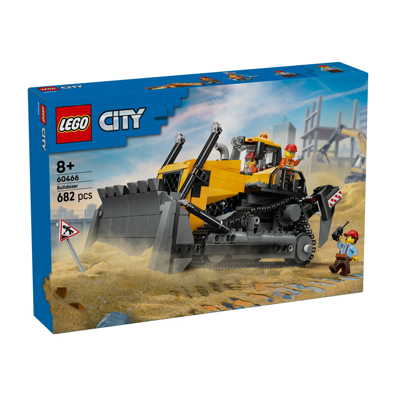 Scatola del set Lego City bulldozer. Bulldozer giallo, due minifigure, cantiere sullo sfondo. Scatola blu con logo Lego.