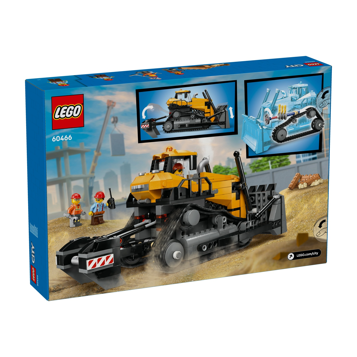 Scatola Lego City con un giocattolo bulldozer giallo in un cantiere. Due personaggi Lego sono vicini. Una gru è sullo sfondo.
