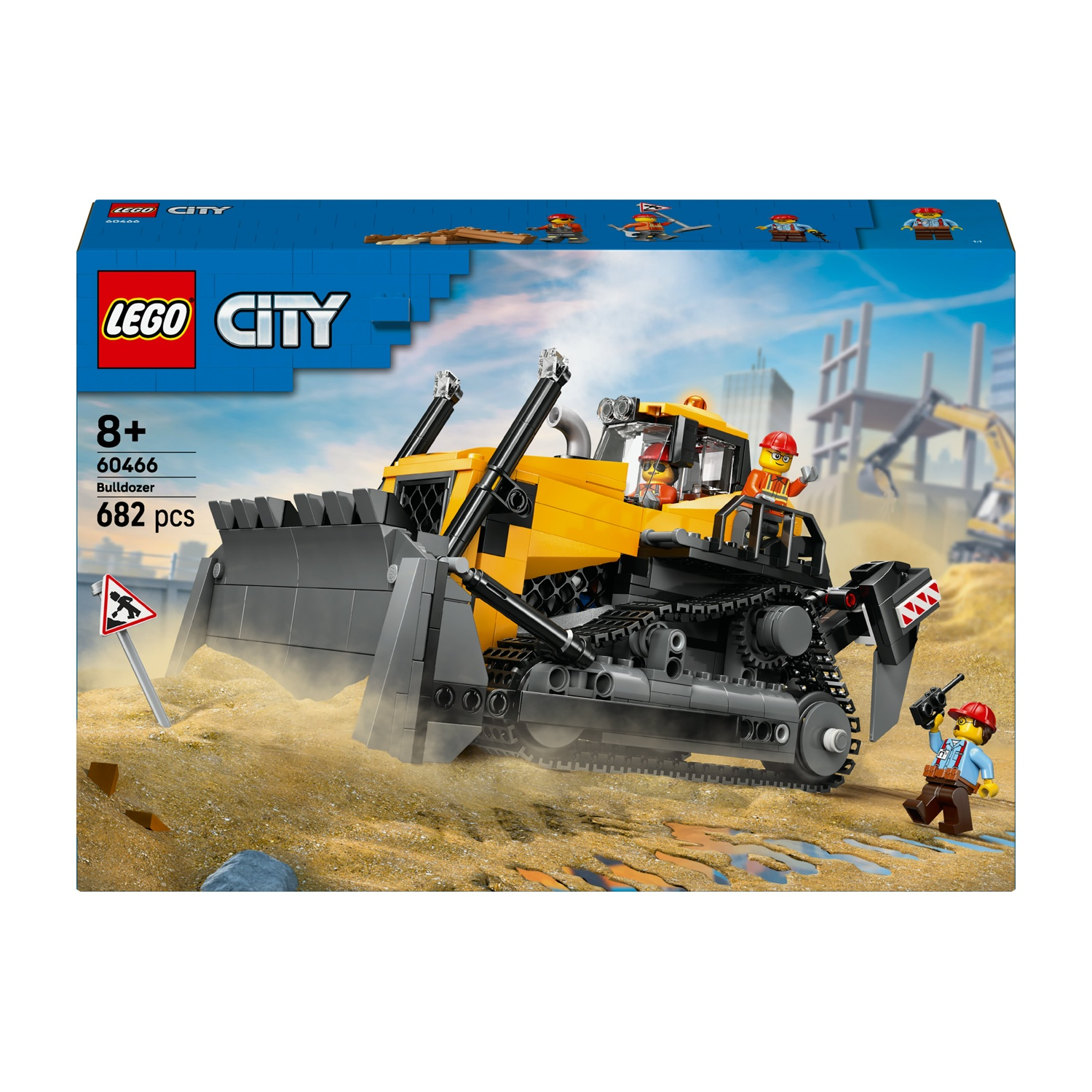 Set Lego City bulldozer. Bulldozer giallo con personaggi guidatore. Operaio con radio. Cantiere sullo sfondo.