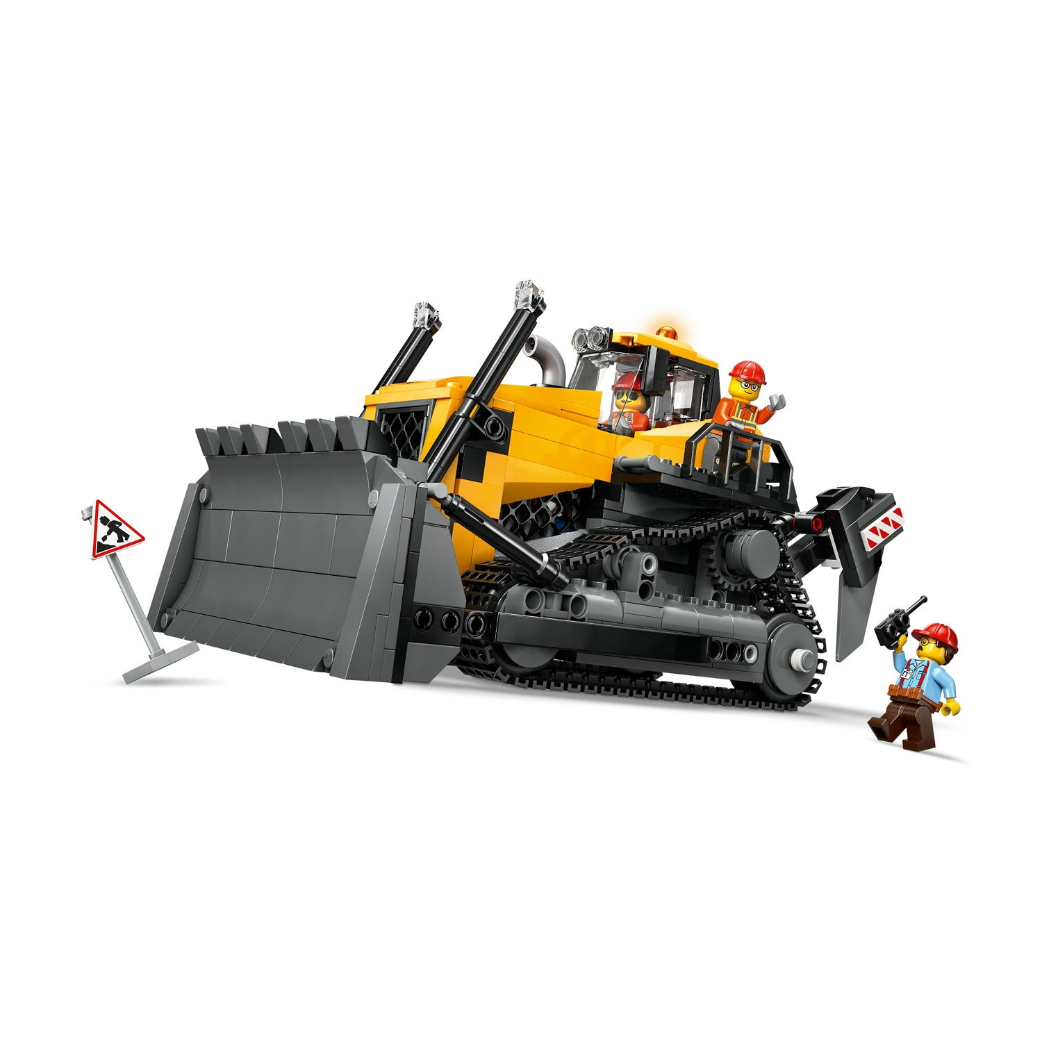 Una scena di costruzione Lego con un bulldozer giallo, due minifigure in cabina e un operaio con un walkie-talkie. È presente un segnale di avvertimento.