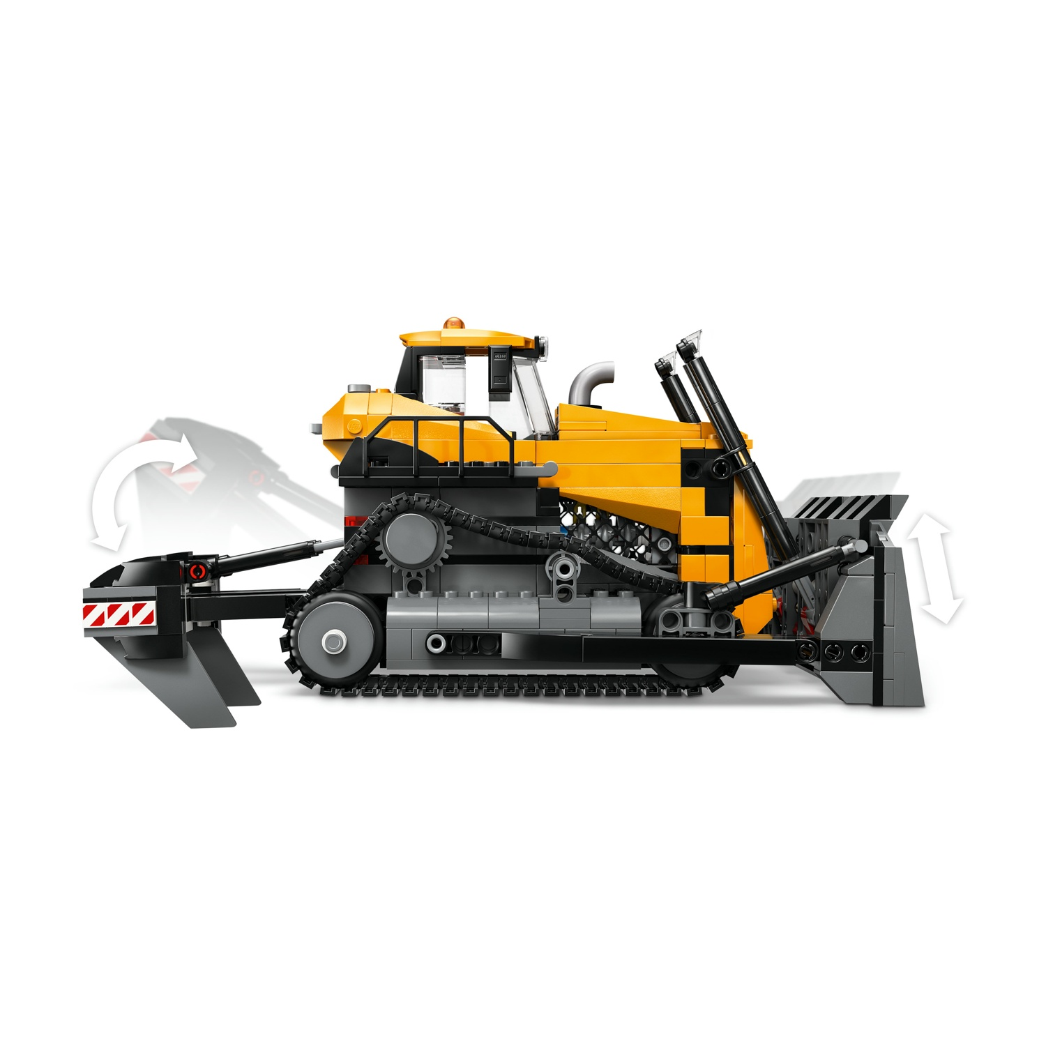 Un giocattolo Lego bulldozer giallo e nero. I cingoli e la lama sono grigi. Una freccia indica il movimento della lama.