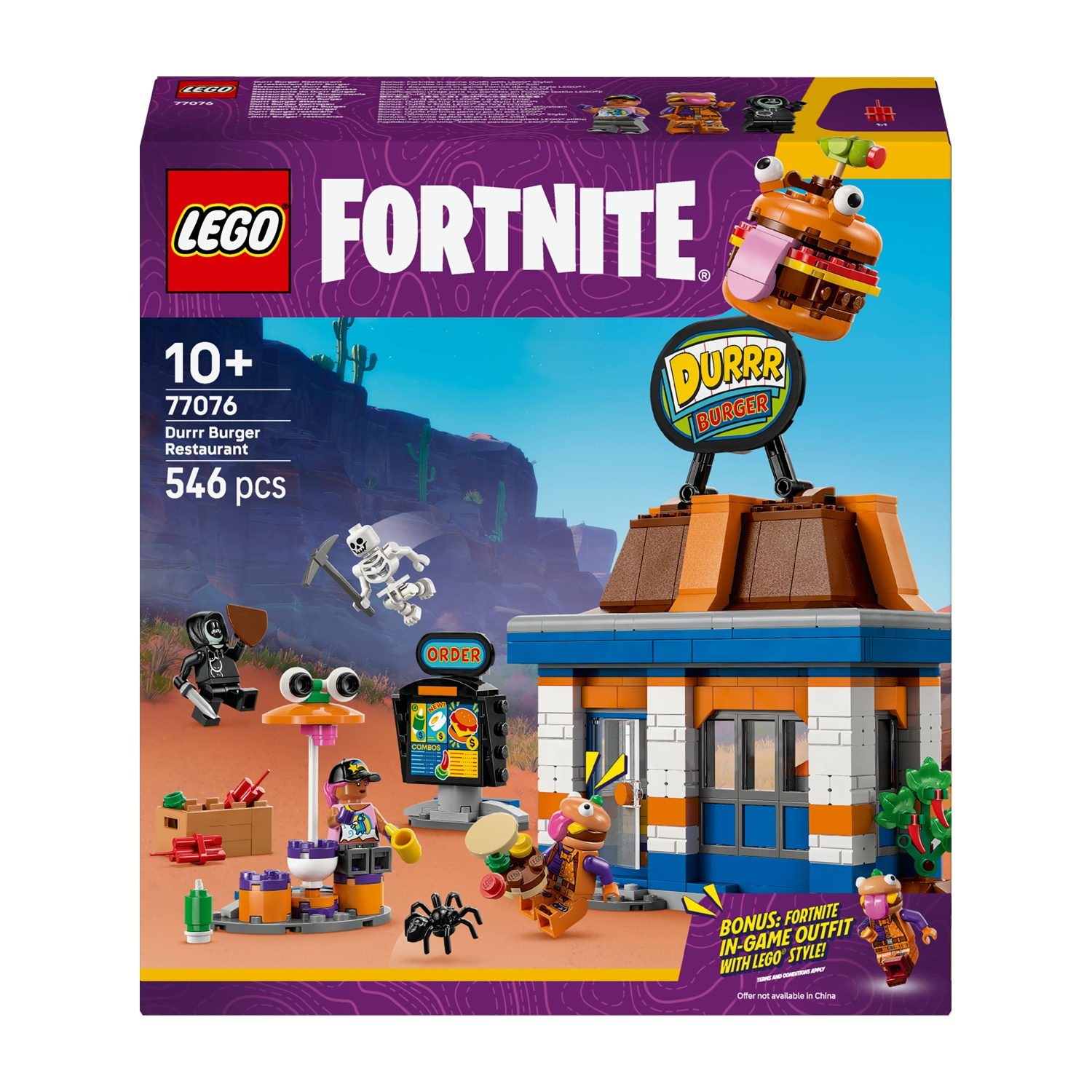 Set Lego Fortnite. Include il ristorante Durrr Burger, personaggi e accessori. Presenta un'insegna di hamburger, uno scheletro e altre figure.