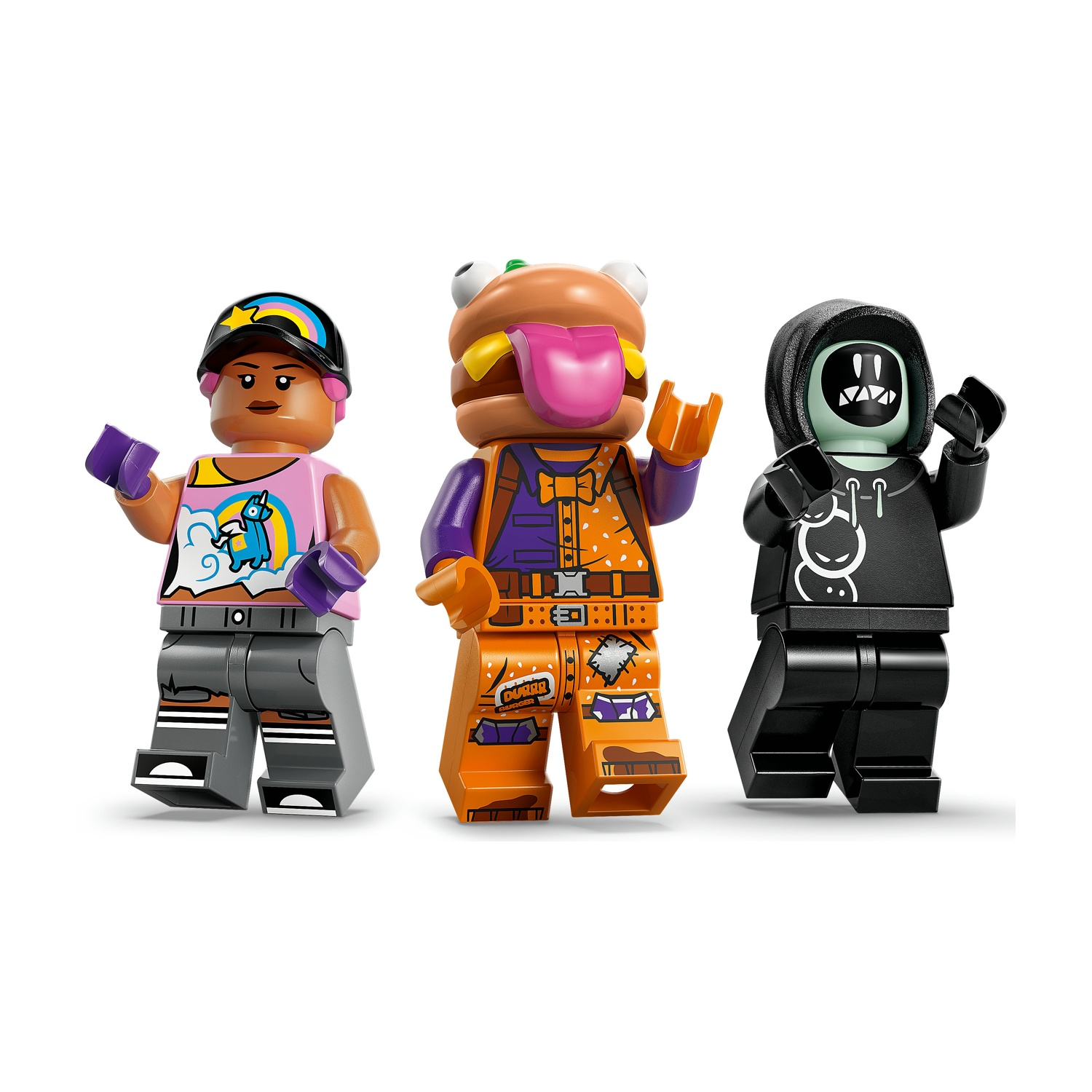 Tre personaggi Lego: una ragazza con cappello arcobaleno, una testa di hamburger e un personaggio con la felpa nera, tutti sorridenti e gesticolanti.
