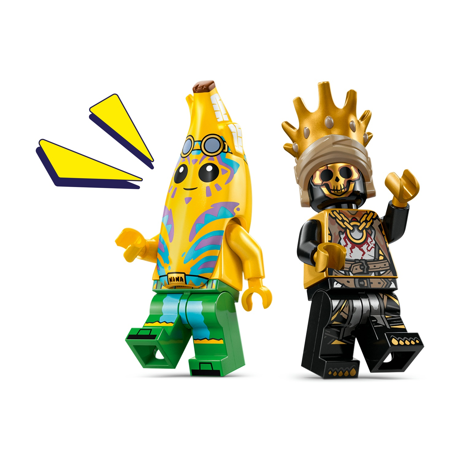 Due personaggi Lego: una banana con occhiali e un re scheletro con corona, che saluta. Sfondo bianco, con forme triangolari gialle.