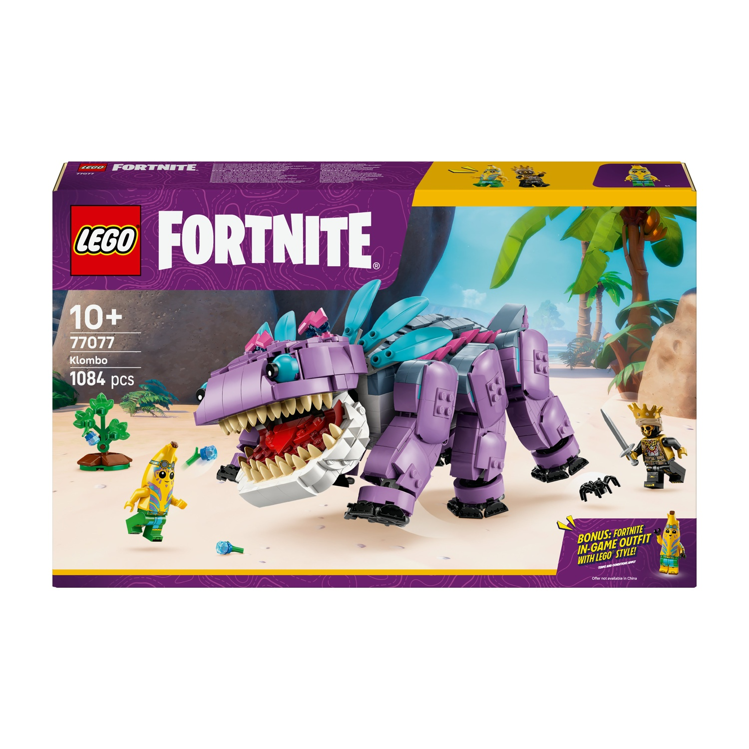 Scatola del set Lego Fortnite. Presenta una figura di Klombo viola, minifigure a tema banana e dettagli sull'outfit bonus nel gioco.