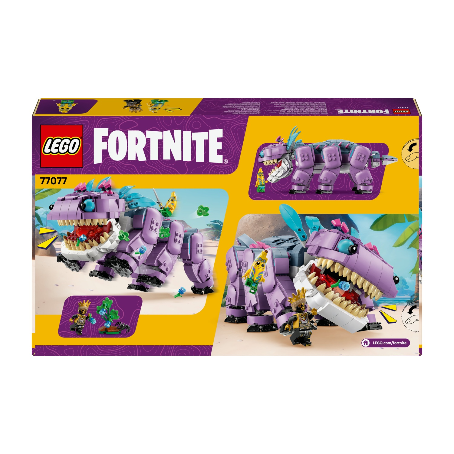 Scatola del set Lego Fortnite. Dinosauro viola con bocca aperta, minifigure e loghi Lego e Fortnite.