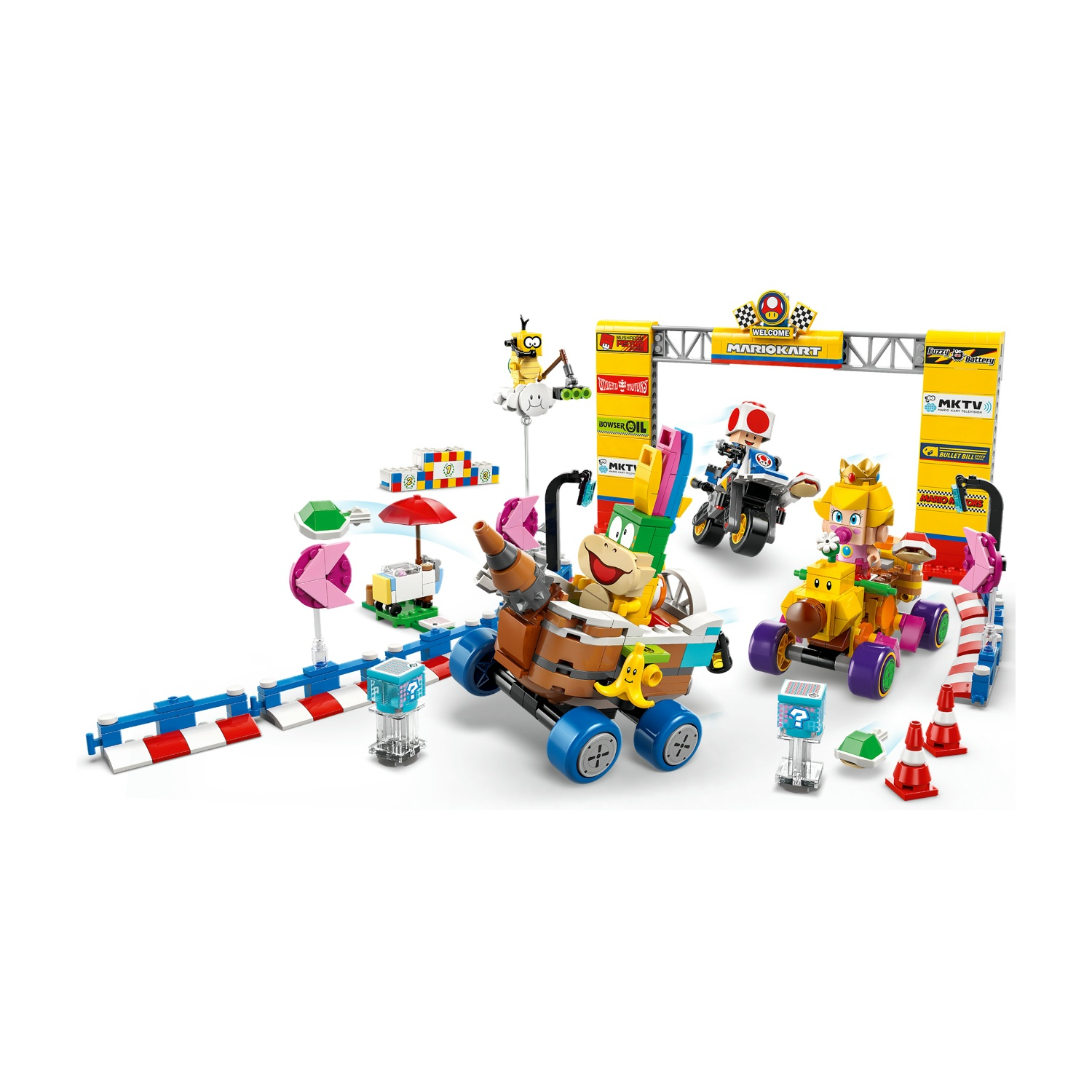 Una scena colorata di Mario Kart con personaggi e kart, un arco di partenza ed elementi della pista.