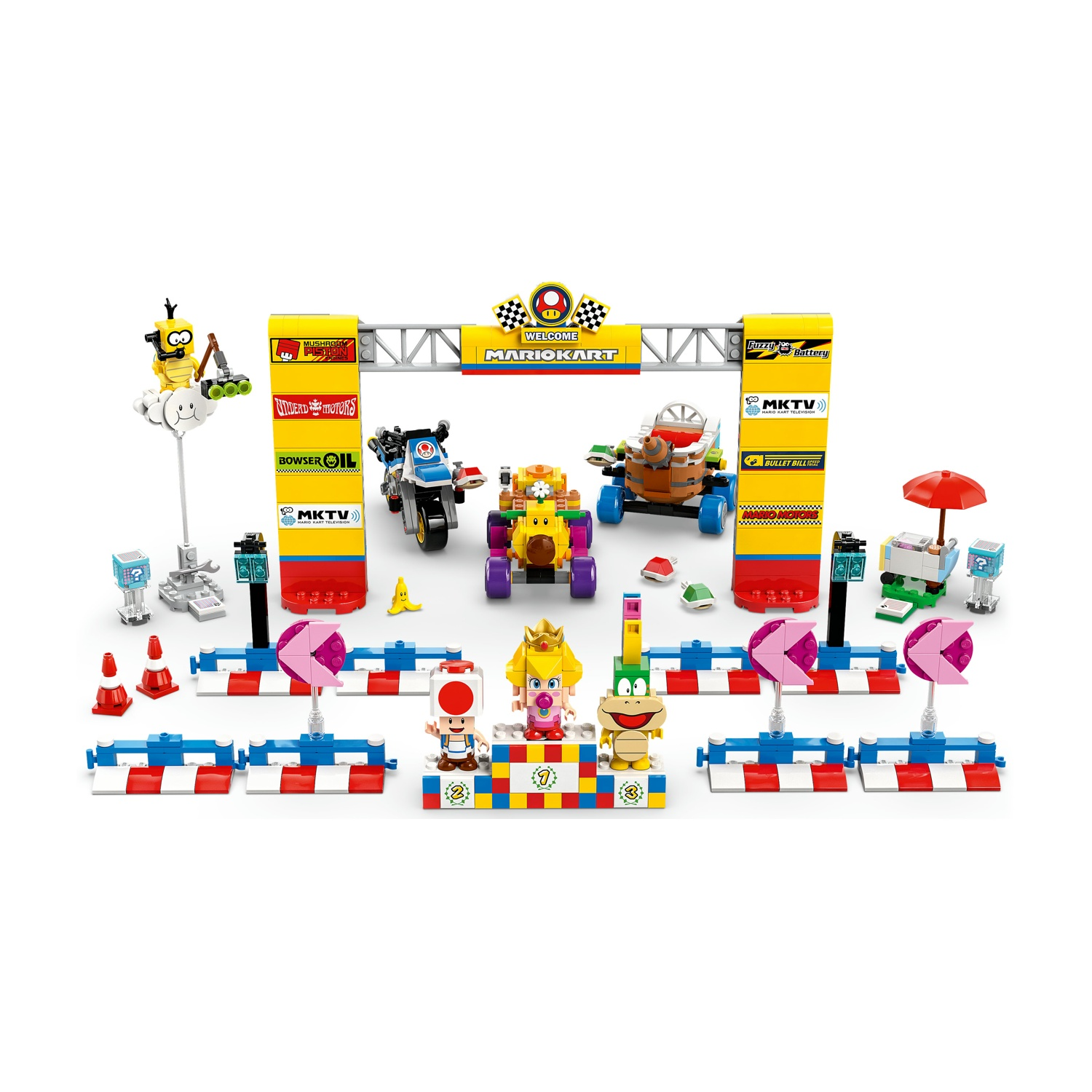 Un colorato set di giocattoli di Mario Kart. Include elementi della pista, personaggi come Mario, Peach e Toad e vari veicoli.