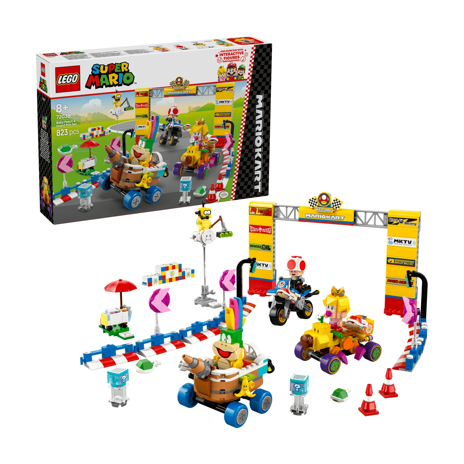 Set Lego Super Mario che raffigura Mario Kart. Il set include personaggi, kart e un circuito con vari ostacoli e segnali.