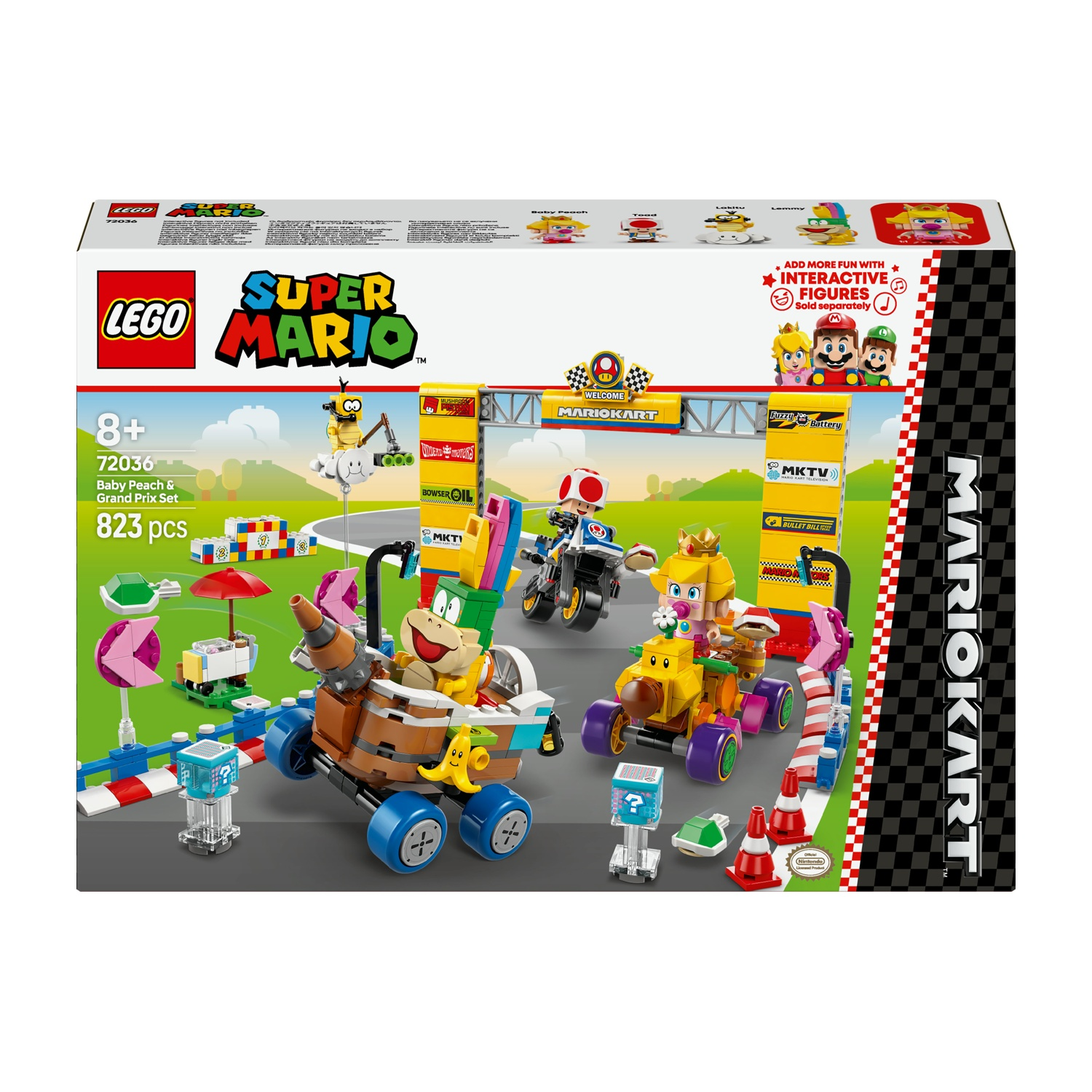 Set Lego Super Mario Baby Peach & Grand Prix. Include personaggi Lego, kart e elementi da corsa su scatola colorata.