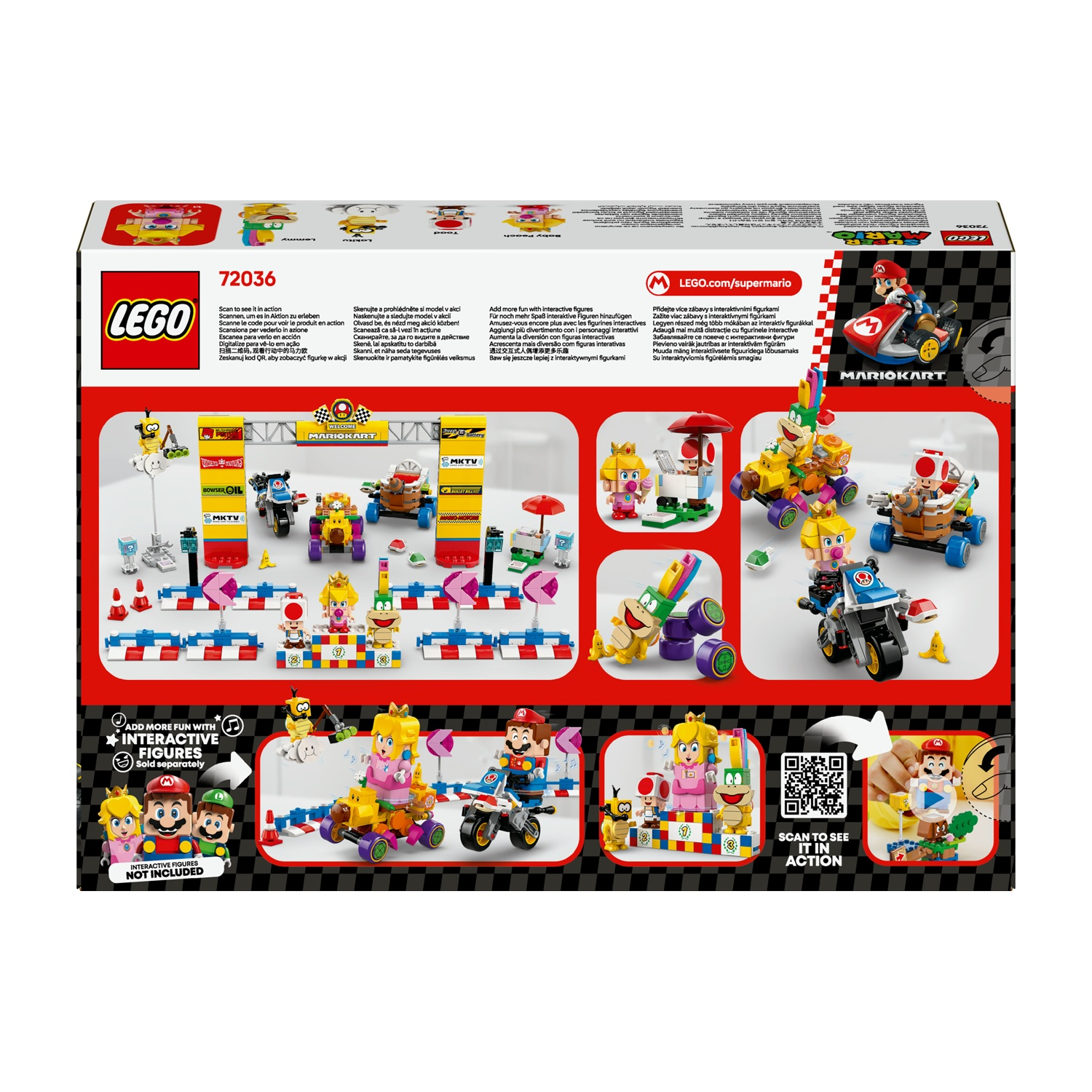 Scatola Lego Mario Kart. Mostra varie figure e auto da corsa Lego, tra cui Mario e Peach.