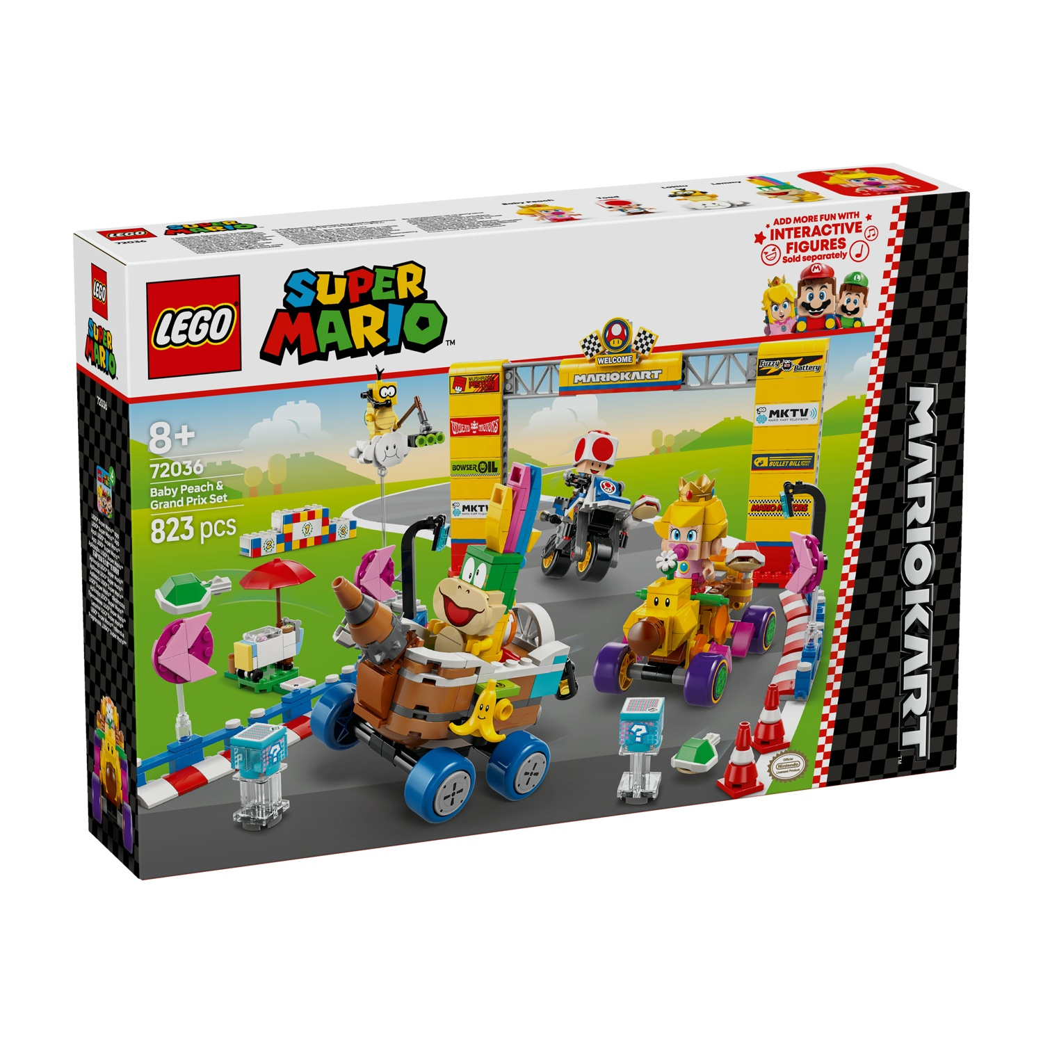 Scatola Lego Super Mario Baby Peach & Grand Prix Set. Presenta personaggi in kart, pista e marchio Mario Kart.