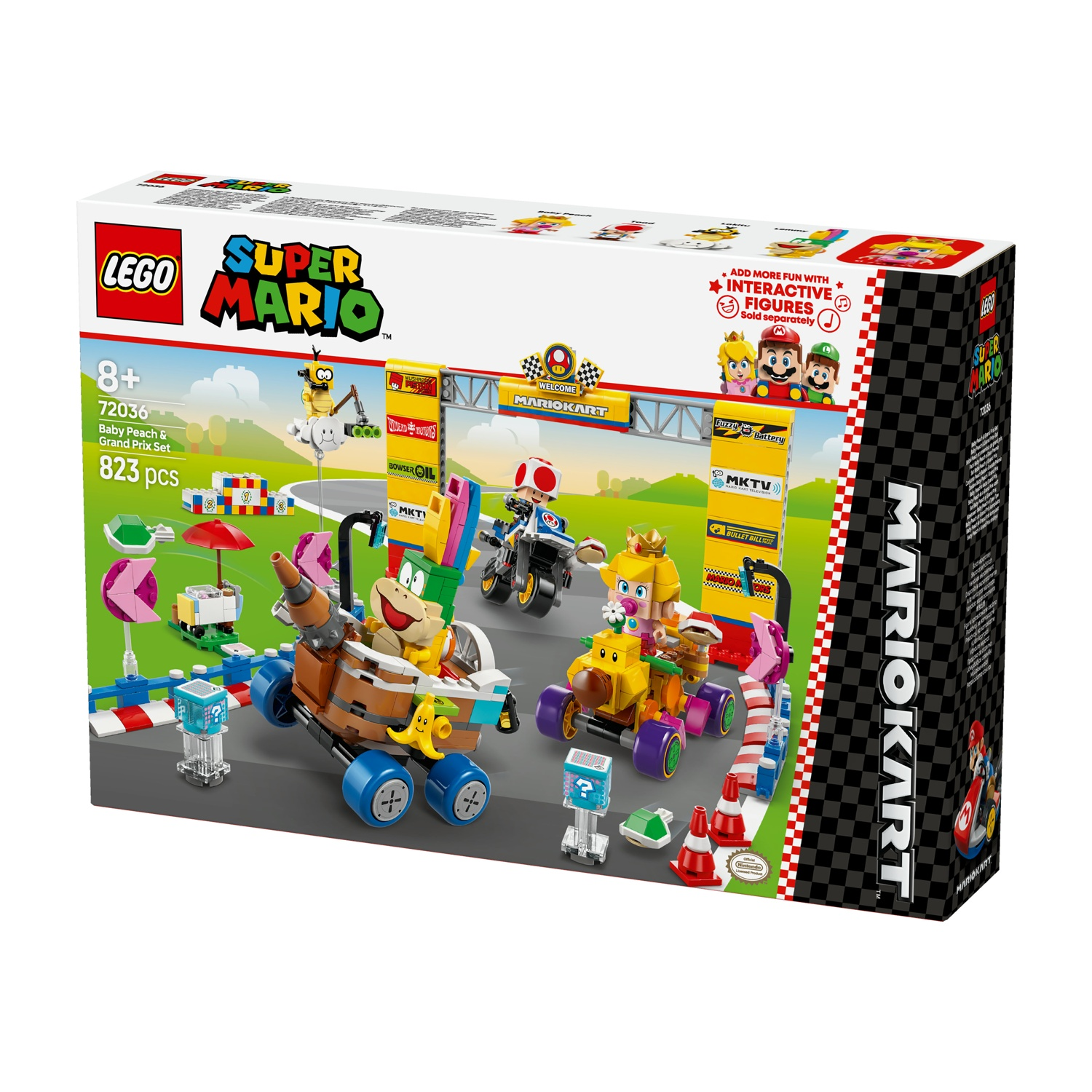 Scatola del set Lego Super Mario. Presenta Baby Peach e altri personaggi in kart da corsa. Include elementi della pista e segnaletica.