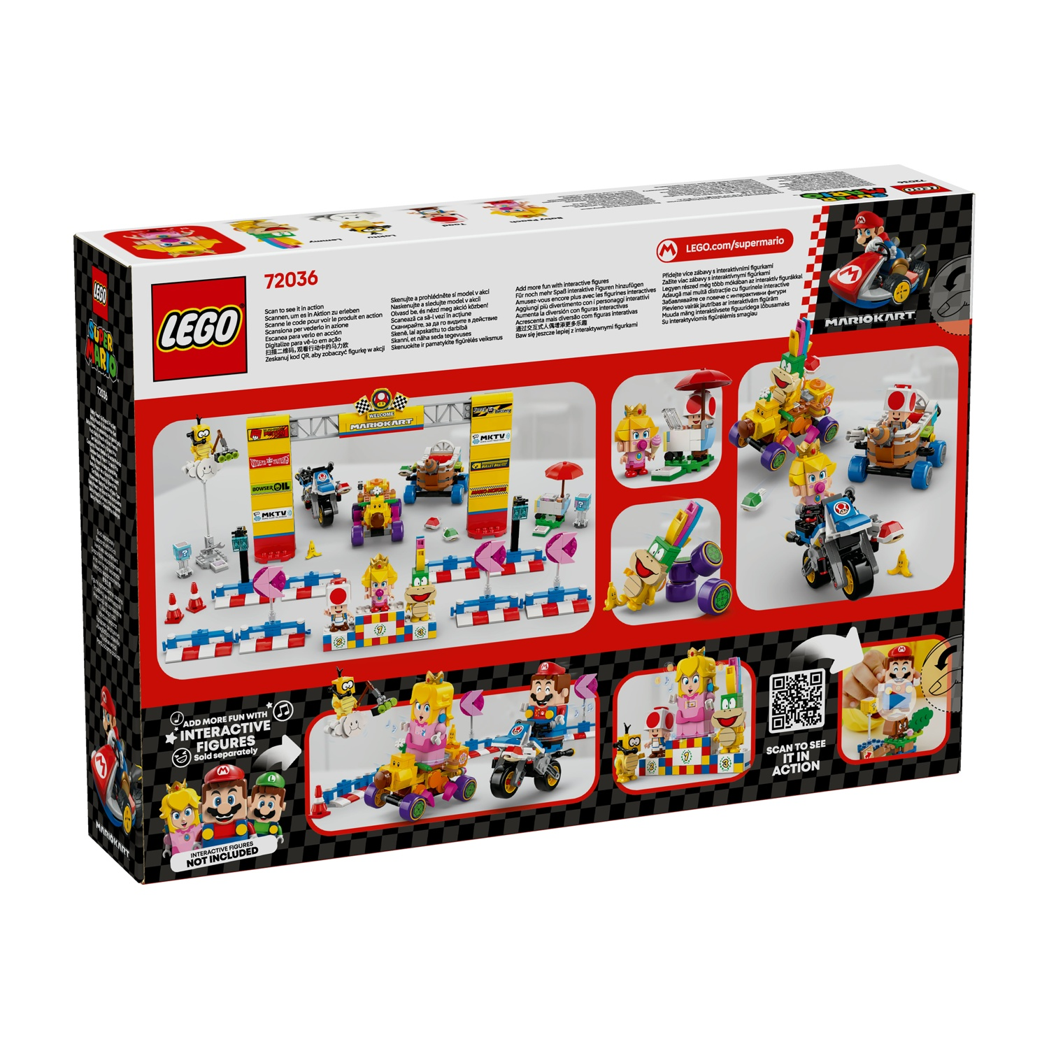 Scatola Lego Mario Kart. I personaggi corrono in kart. La scatola mostra varie scene del gioco con i personaggi.