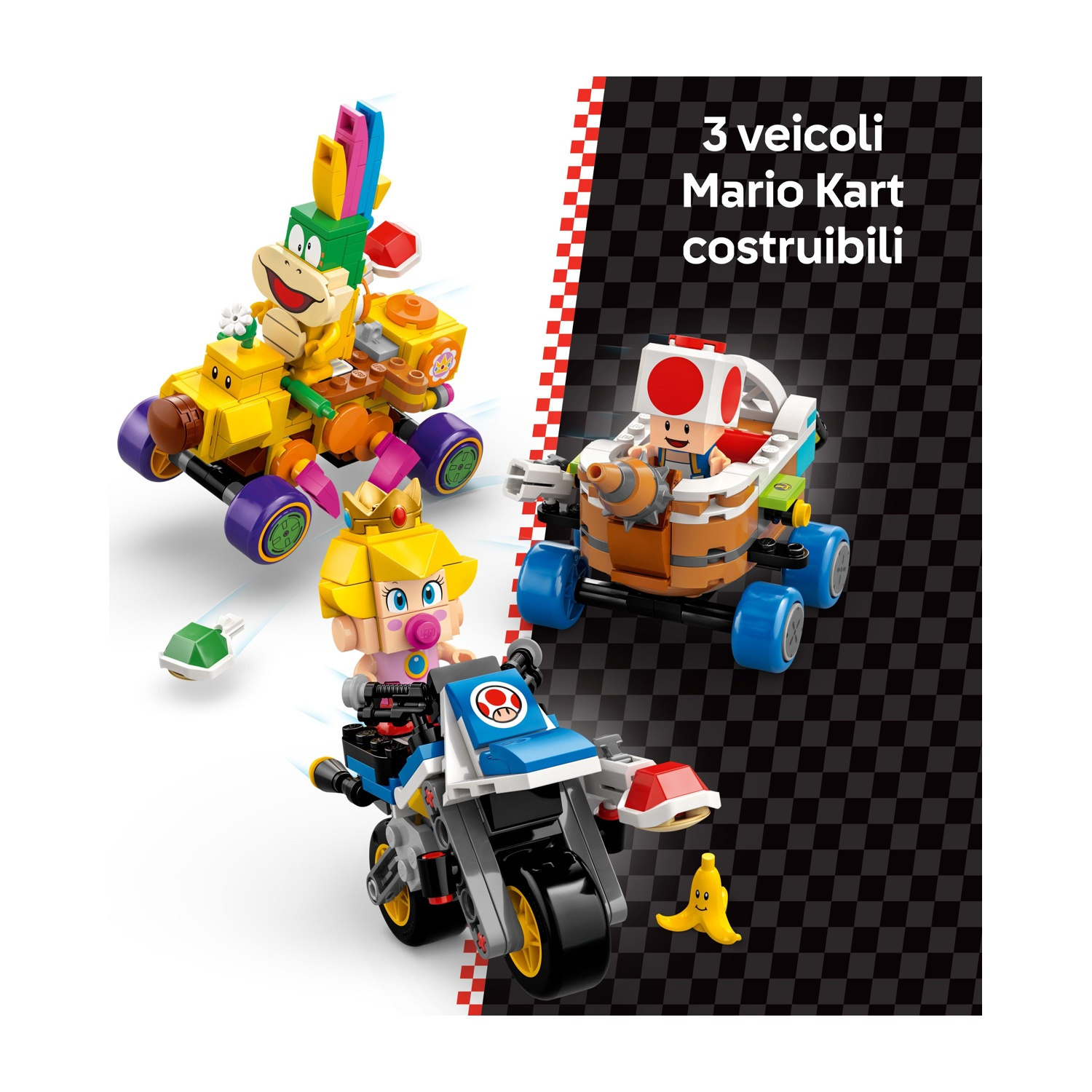 Tre veicoli Lego di Mario Kart: un'auto gialla con un personaggio, una moto blu con un personaggio e un kart marrone con un personaggio.