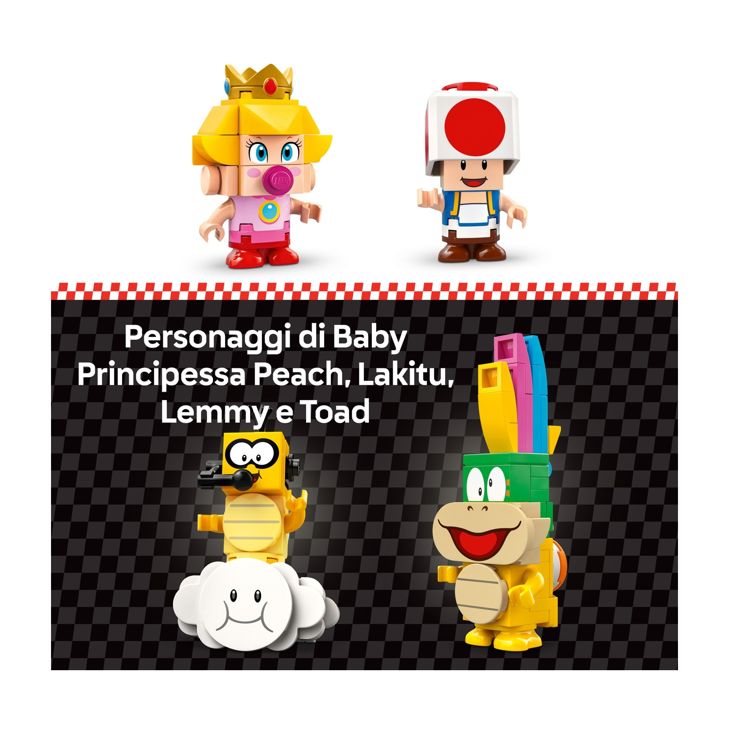 Personaggi Lego di Principessa Peach, Toad, Lakitu, Lemmy e un personaggio su una nuvola. I personaggi sono gialli, rossi e bianchi.