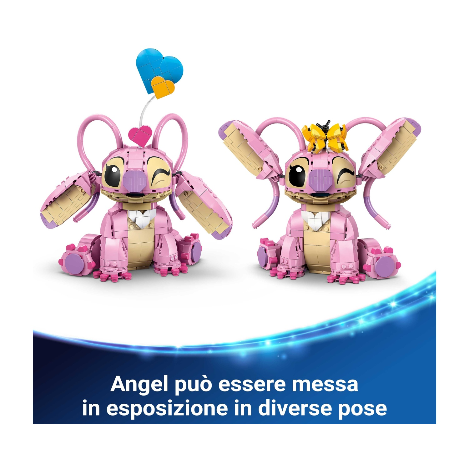 Sono esposte due figure Lego di Angel rosa. Una tiene dei cuori, l'altra una farfalla gialla. Entrambe ammiccano. Lo sfondo è bianco con testo.