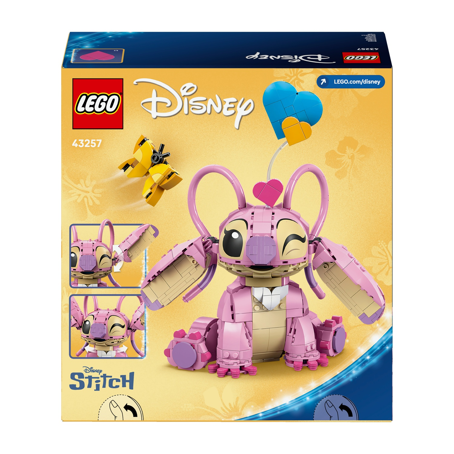 Una scatola del set Lego Disney Stitch. Stitch è al centro con un'occhiolino, corpo rosa e grandi orecchie. Sono presenti anche una farfalla gialla e palloncini a forma di cuore.