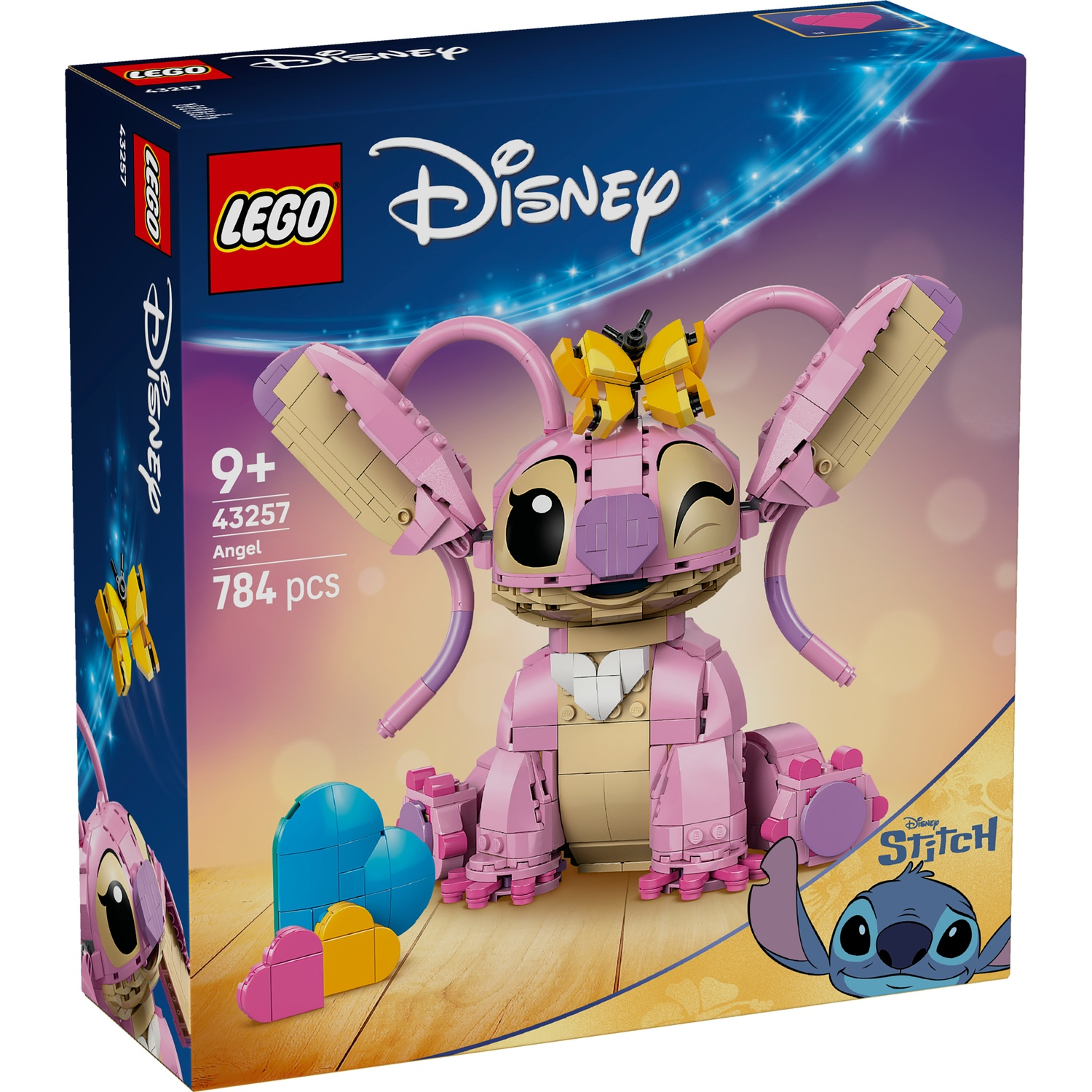Una scatola del set Lego Disney Angel. Mostra la figura di Angel assemblata, con un fiocco giallo e blocchi a forma di cuore.
