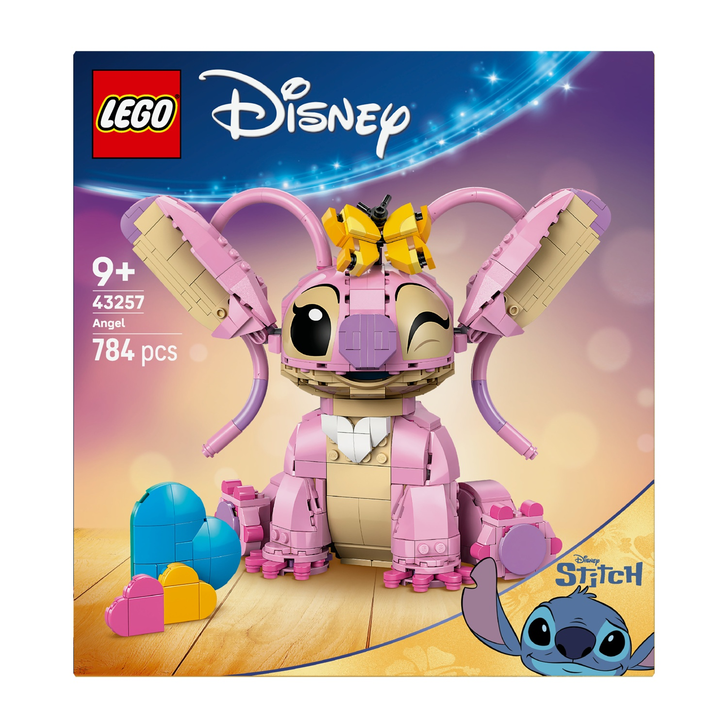 Set Lego di Angel da Lilo e Stitch di Disney. Statuina rosa di Angel con fiocco giallo, cuori e logo Stitch.