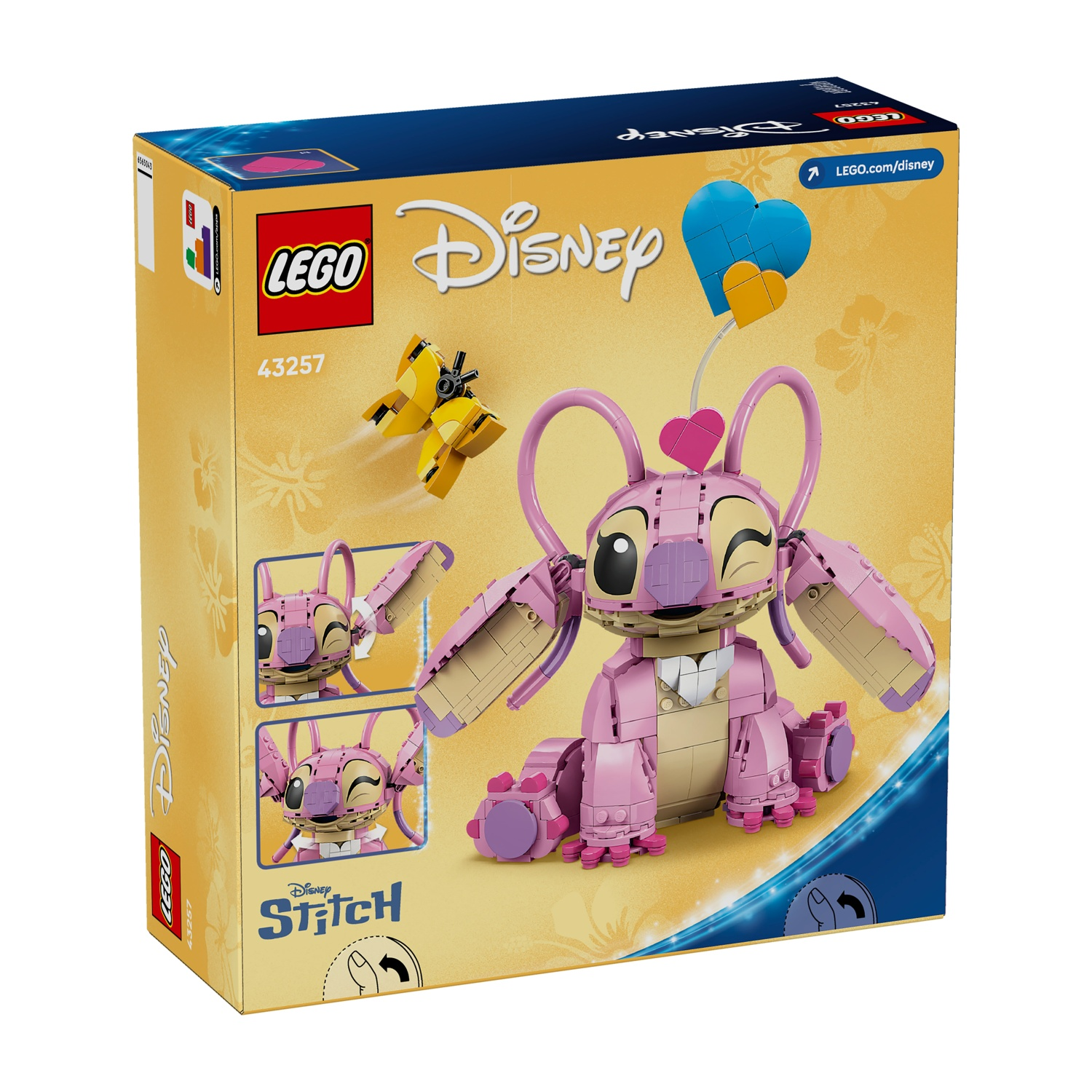 Scatola Lego Disney Stitch. Figura rosa di Stitch con orecchie a cuore, palloncini a cuore blu e gialli e aereo giallo. La scatola ha i loghi Disney e Lego.