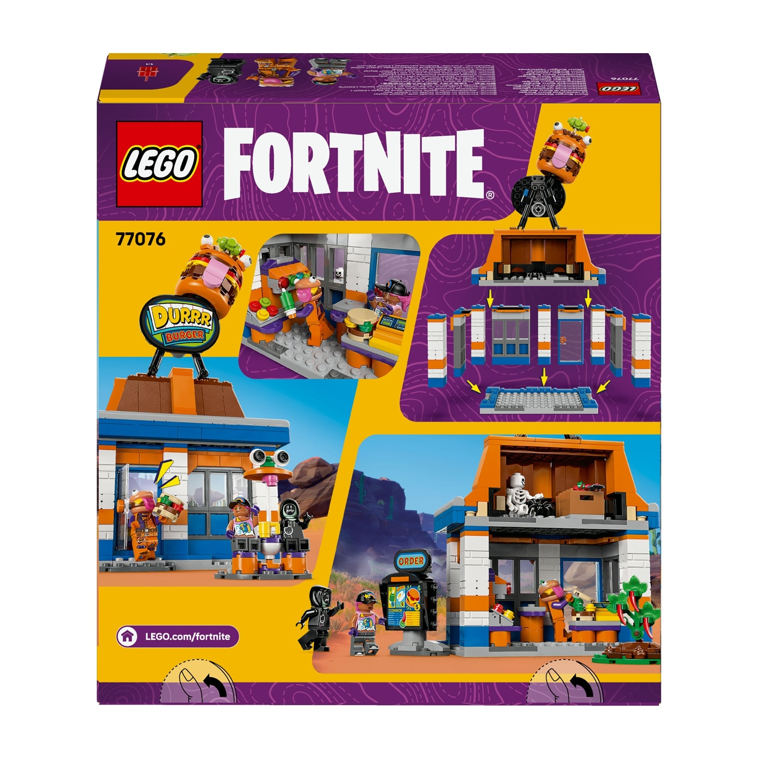 Scatola Lego Fortnite. Mostra il ristorante Durrr Burger con personaggi e mascotte hamburger. Sfondo viola.