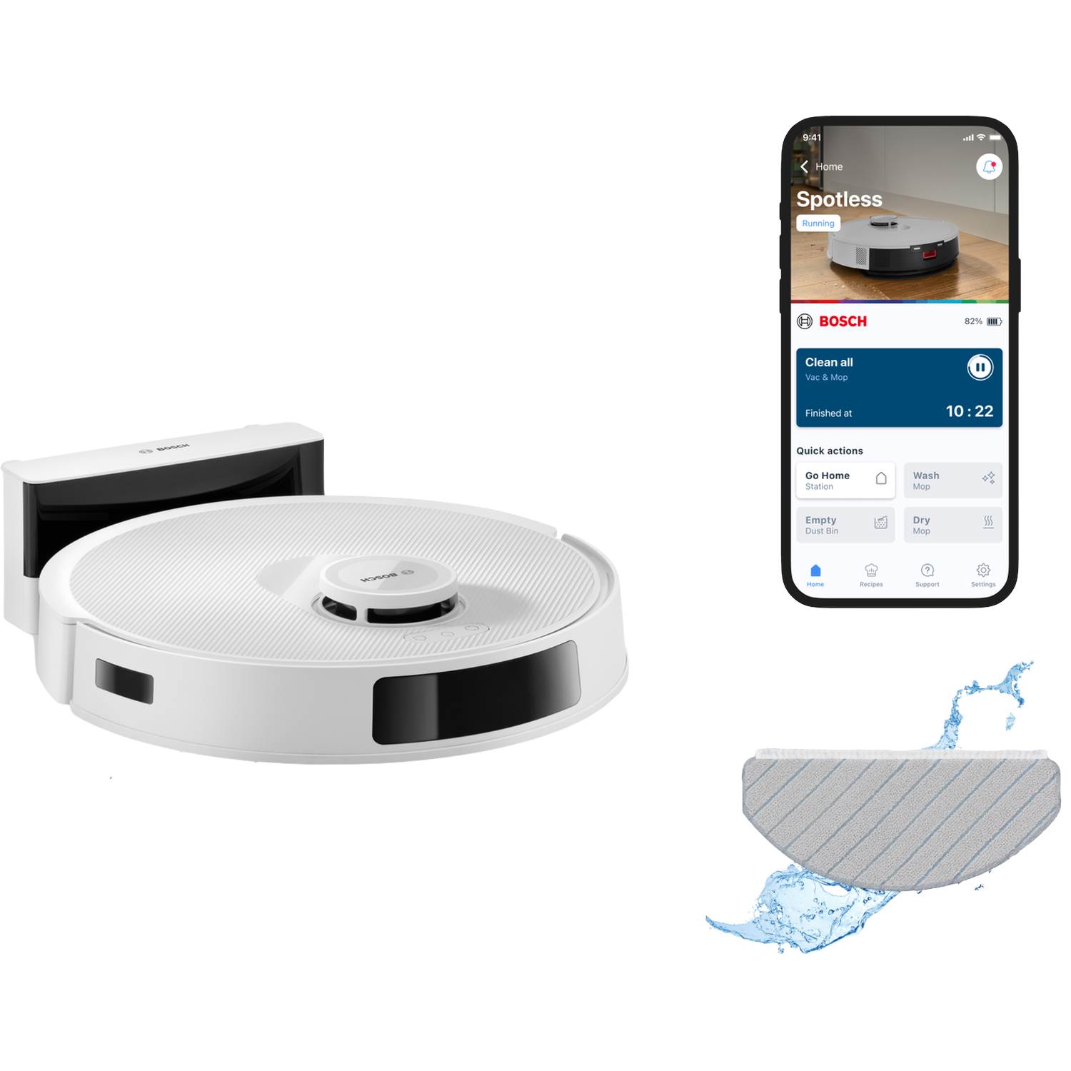 Een witte Bosch robotstofzuiger, oplaadstation, telefoon-app met schoonmaakstatus en een natte dweil.