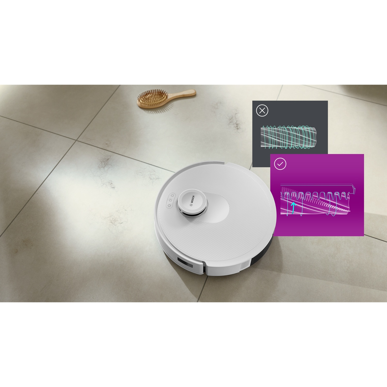 Een witte robotstofzuiger op een betegelde vloer met haar en een borstel. Diagrammen tonen details van de reinigingsborstel.