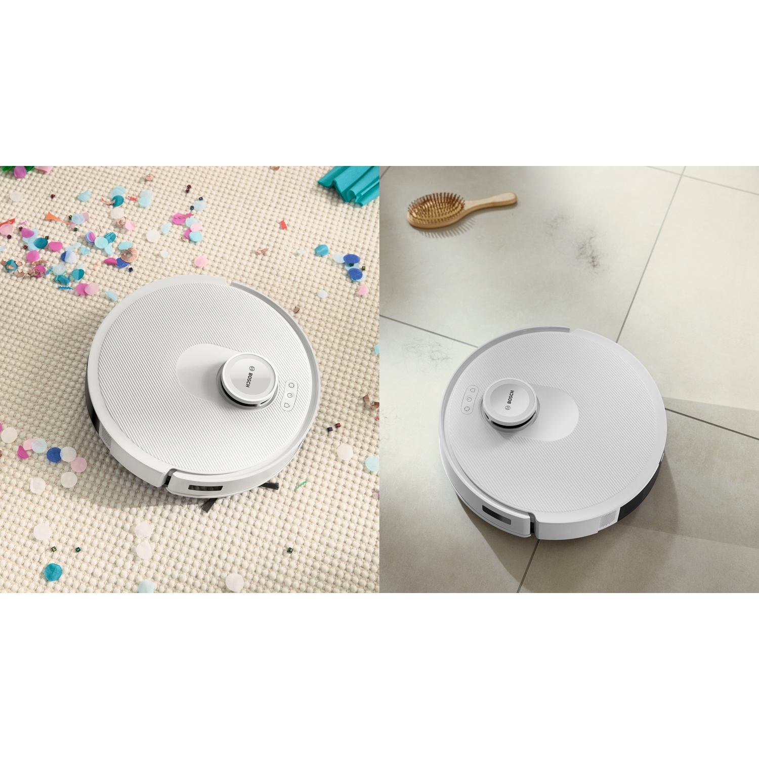 Twee witte Bosch robotstofzuigers. Eén op een kleed bedekt met confetti, de andere op tegels met een borstel en haar. Beide hebben knoppen.