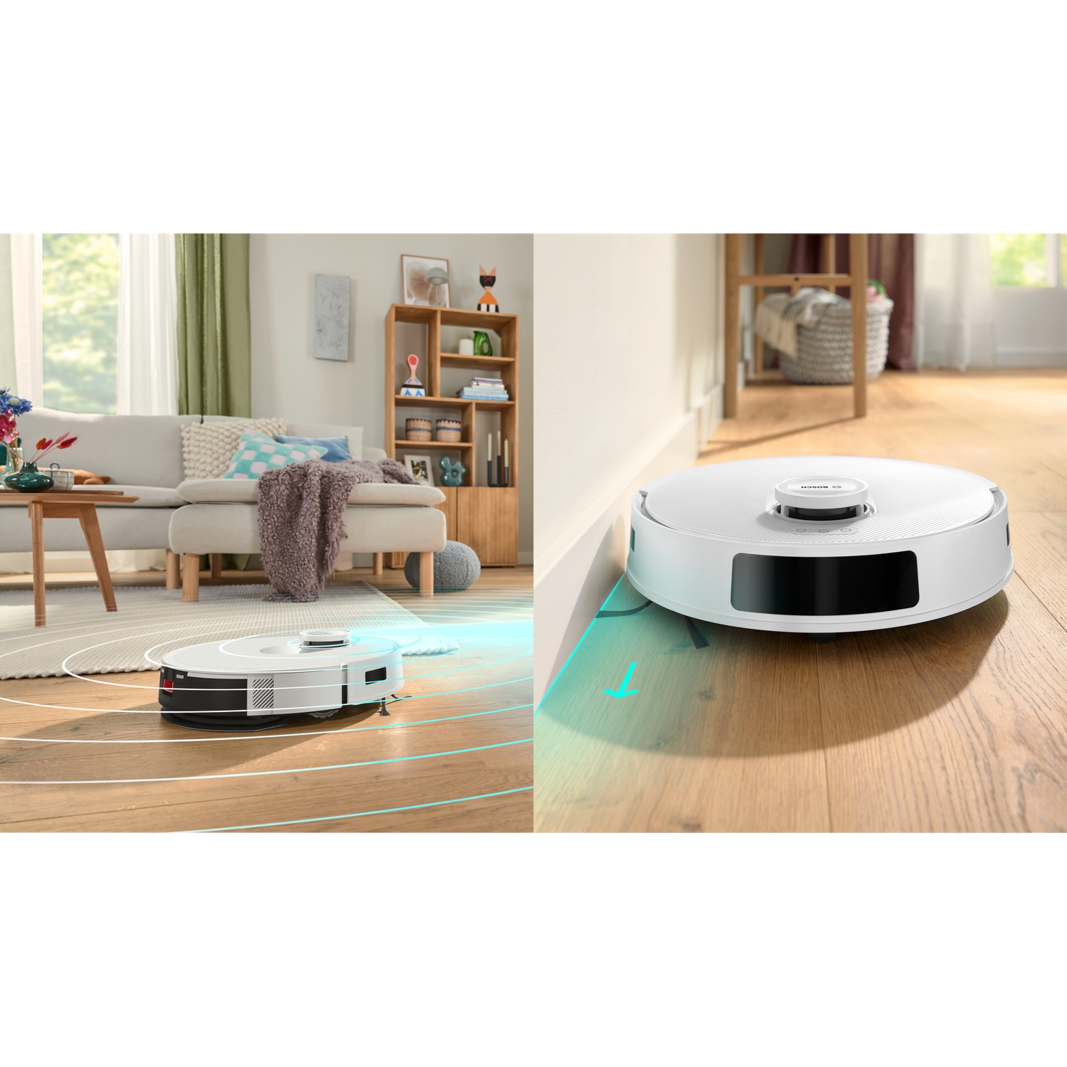 Een witte robotstofzuiger op een houten vloer in een woonkamer. Een bank, boekenkast en andere meubels staan op de achtergrond.