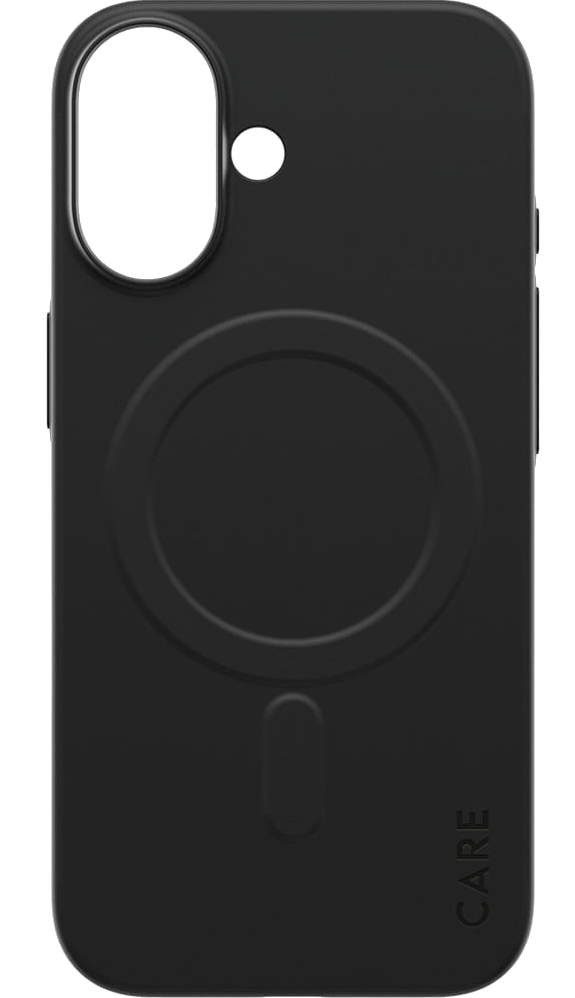 Czarny pokrowiec na telefon z wycięciem na aparat, okrągłym pierścieniem i dolnym owalnym kształtem. Tekst CARE.