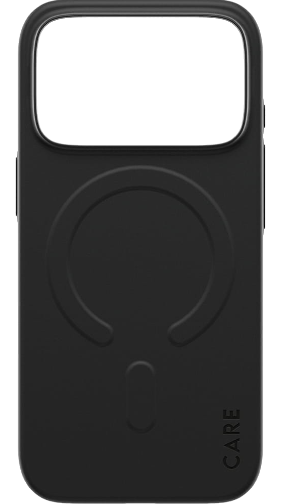 Czarny pokrowiec na telefon z wycięciem na aparat. Posiada okrągły wzór i napis 'CARE'.