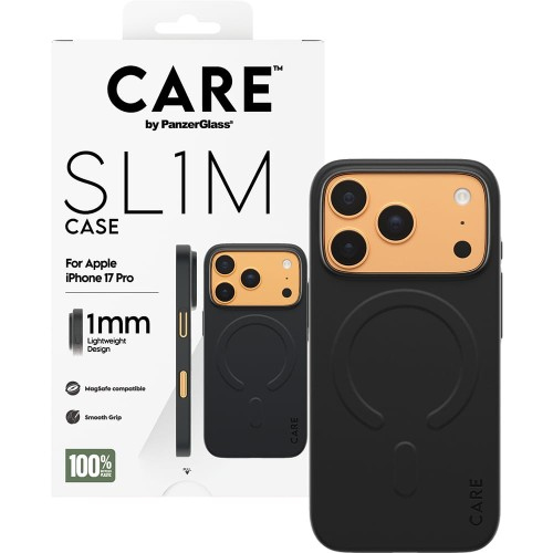 Czarne etui na iPhone'a ze złotą ramką aparatu, białe pudełko z marką 'CARE' i napisem 'SLIM CASE'.