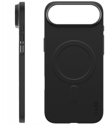 Czarne etui na telefon z obiektywem aparatu, bocznymi przyciskami i okręgiem MagSafe. Etui ma prostokątny kształt z zaokrąglonymi rogami.