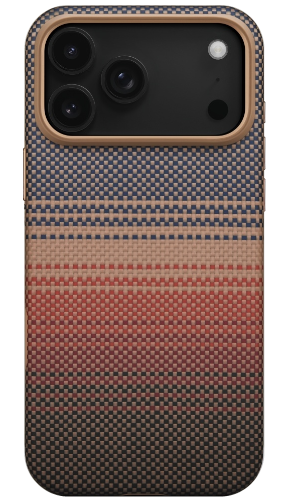 Etui na telefon z tkanym wzorem w kolorze niebieskim, czerwonym i brązowym. Ma potrójny obiektyw aparatu i lampę błyskową.