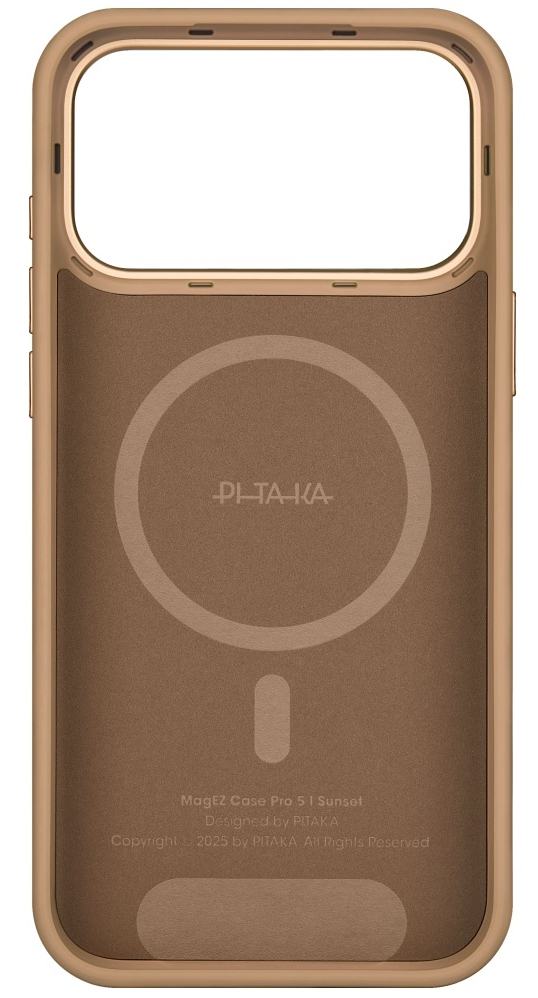 Etui na telefon MagEZ Case Pro 5 I Sunset. Brązowe wnętrze, złota ramka, okrągły wzór i logo PITAKA. Projekt jest prosty i elegancki.