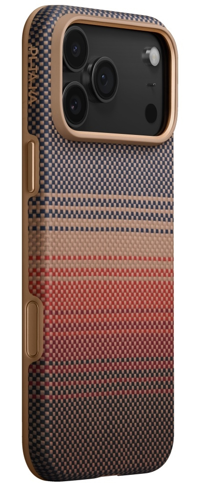 Etui na iPhone z tkanym wzorem granatowo-beżowo-czerwonych pasków. Etui ma złotą ramkę i wycięcie na aparat.