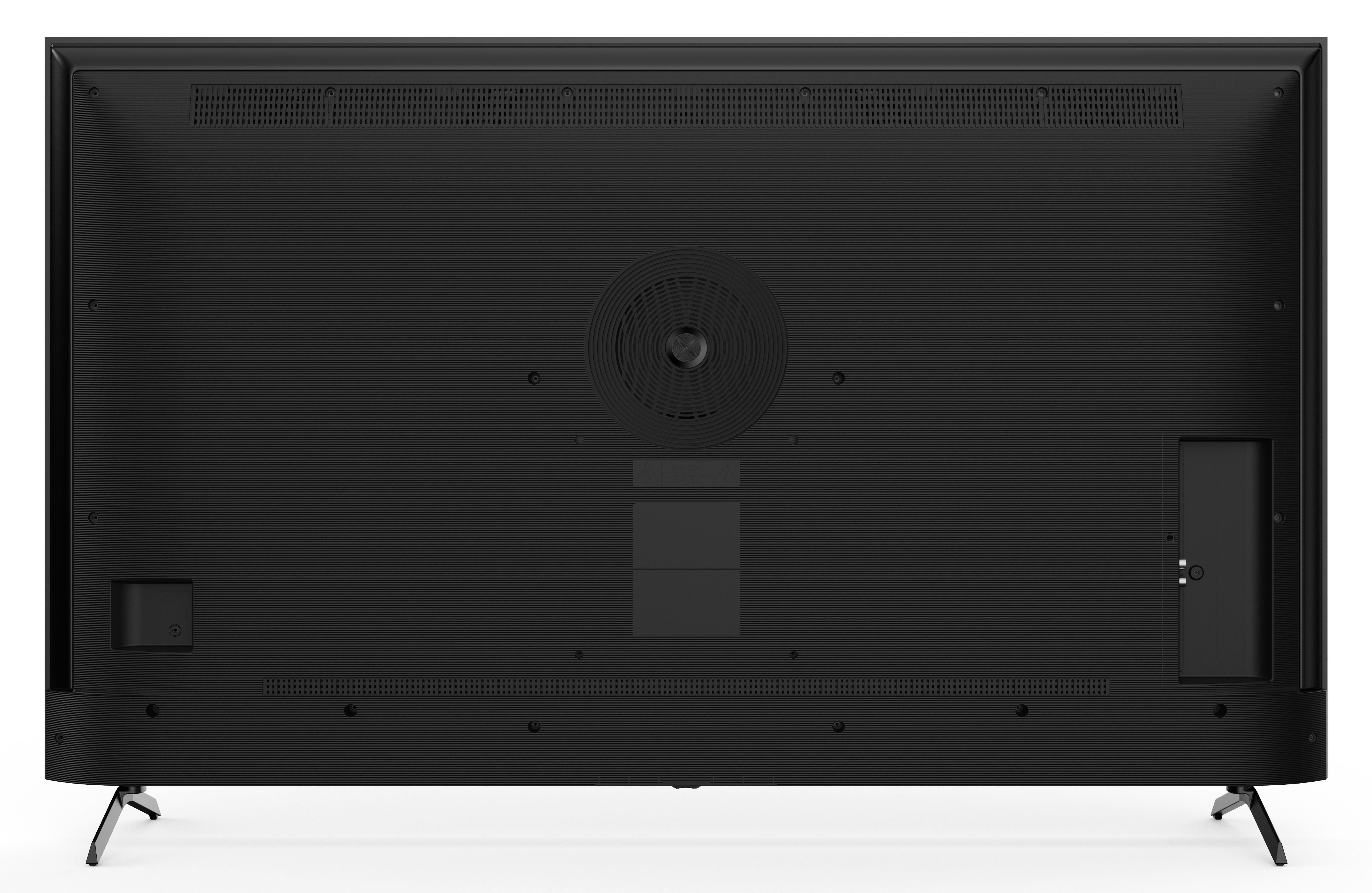 Tył czarnego telewizora. Ma otwór wentylacyjny, porty i nóżki. Powierzchnia ma poziome linie.